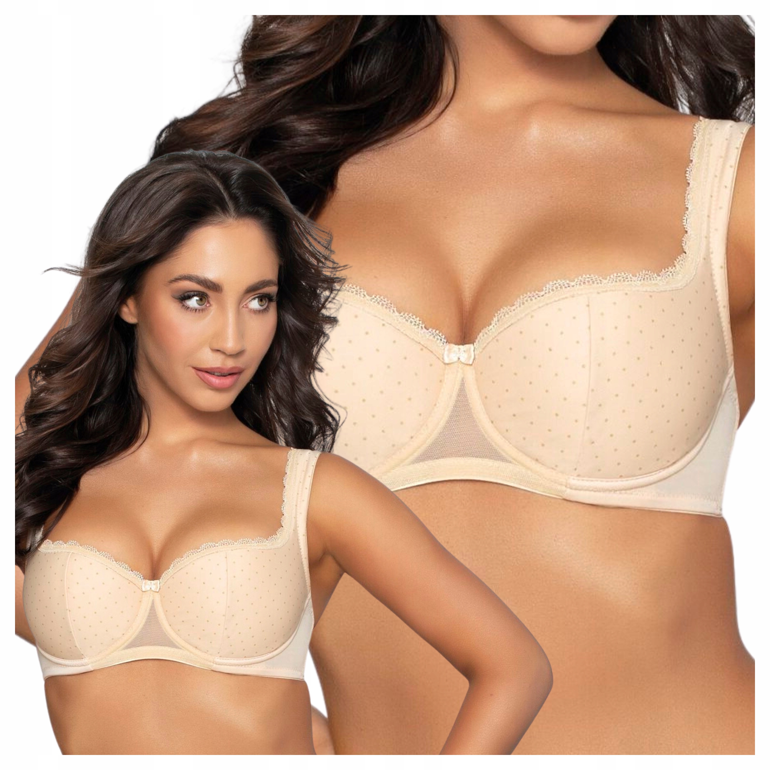 Smyslná podprsenka Balkonetka Vyztužená, hladká s puntíky 80E Béžová