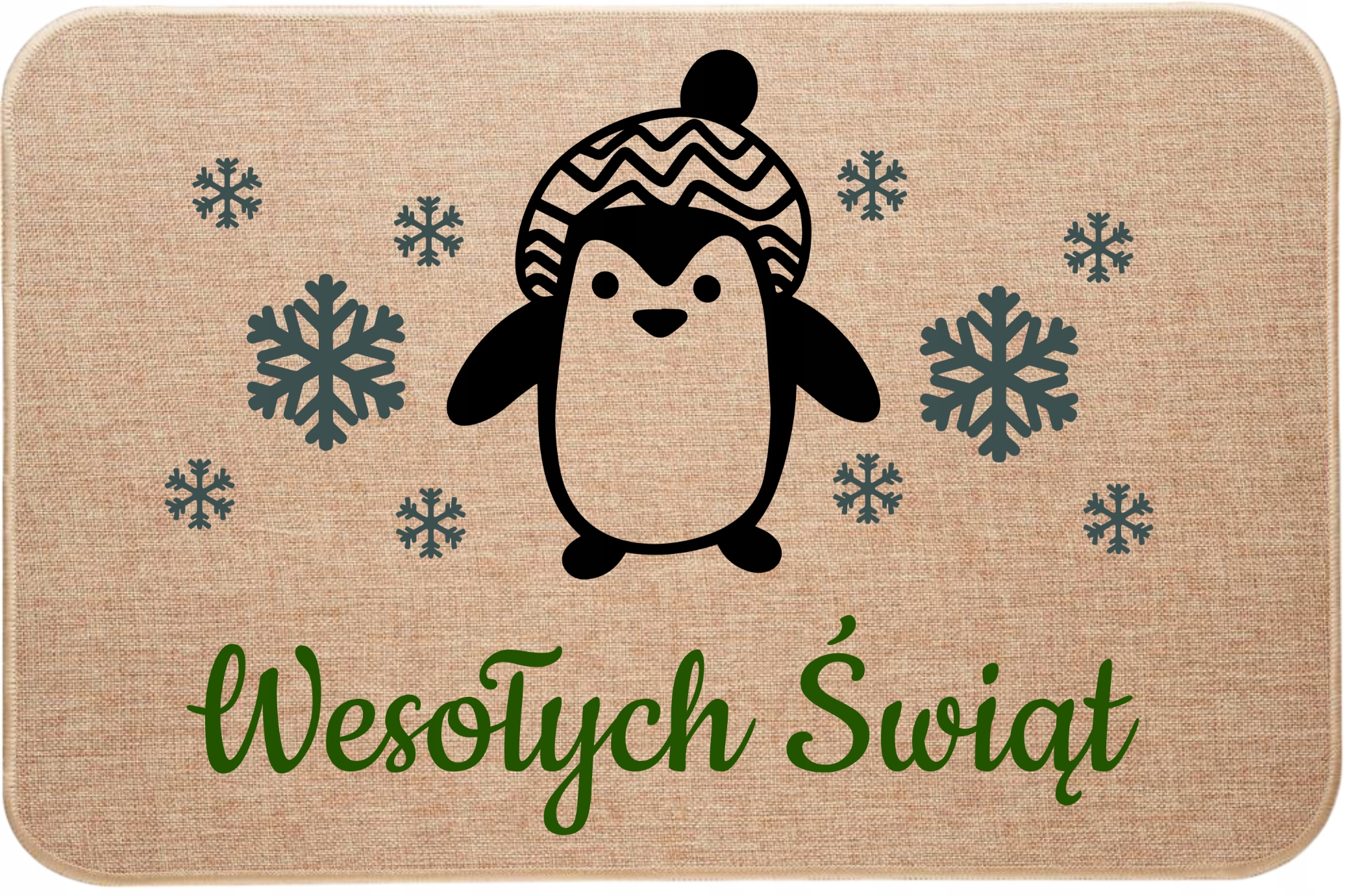 Lněná rohožka Vánoční veselý tučňák vám přeje krásné Vánoce