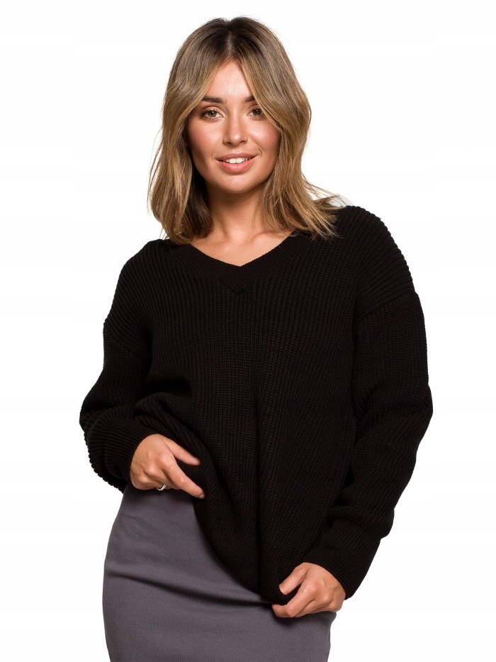 

Eu L/XL BK075 Sweter z dekoltem w serek - czarny E