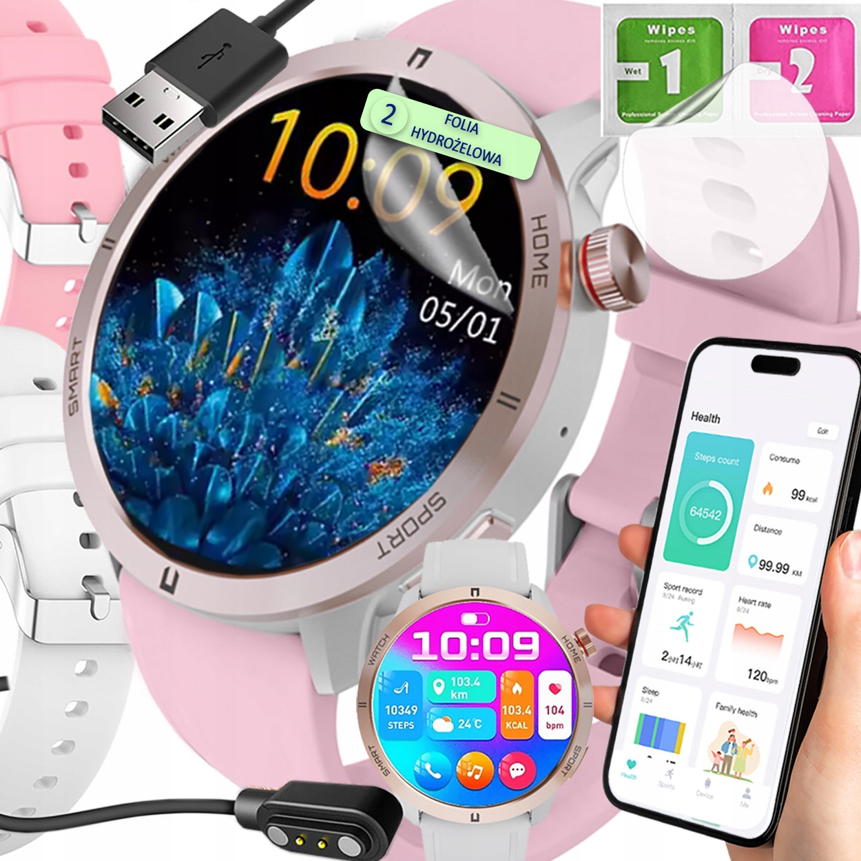 Chytré Hodinky dámské Sms Kroky Polské Menu Připojení 2 Pásky Fólie