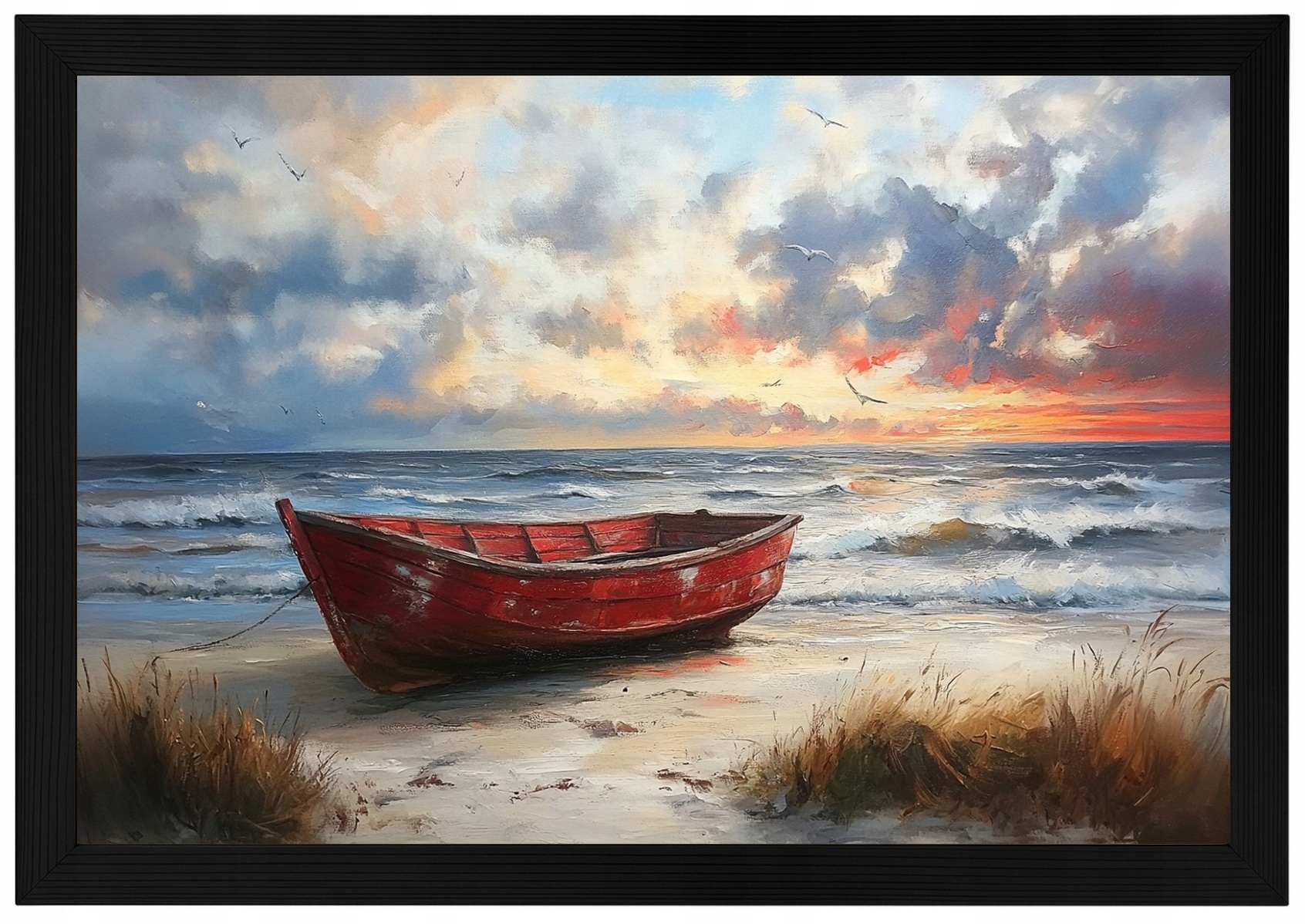 Plakát Rámeček Dřevo Červená Loď Pláž Západ Slunce Moře Léto 60x40