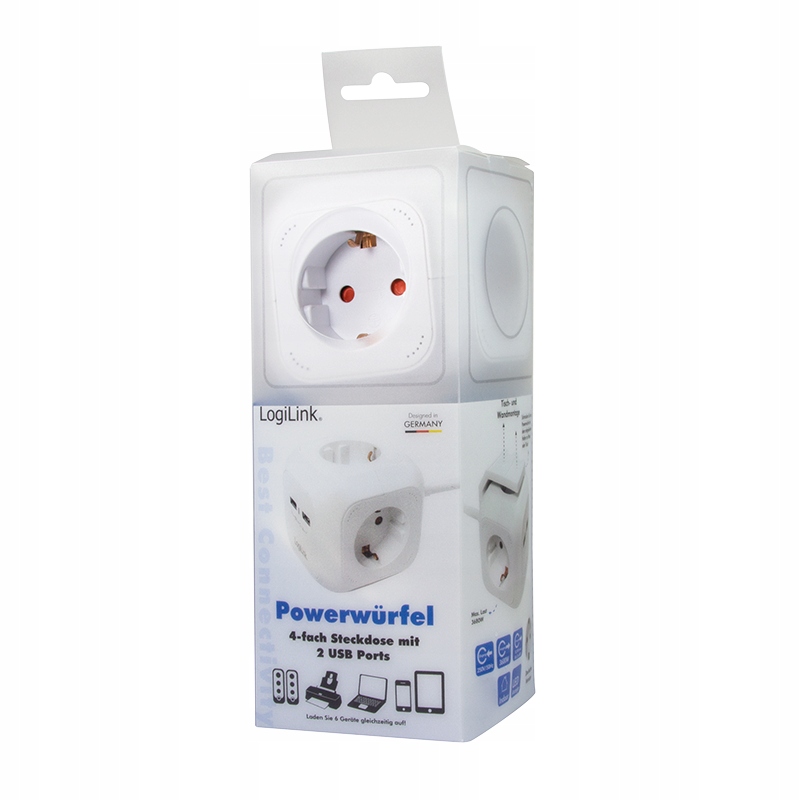 Listwa zasilająca Power Cube 4-kierunkowa,4x CEE 7/3 + 2x USB-A,1,4 m,biała Długość przewodu 1.4 m