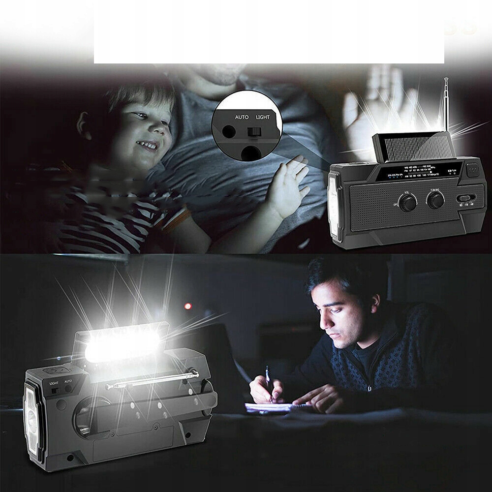 RADIO SOLARNE, PRZENOŚNE RADIO Z KORBĄ, DYNAMO Z AM/FM, LATARKA LED Cechy dodatkowe ładowanie USB uchwyt
