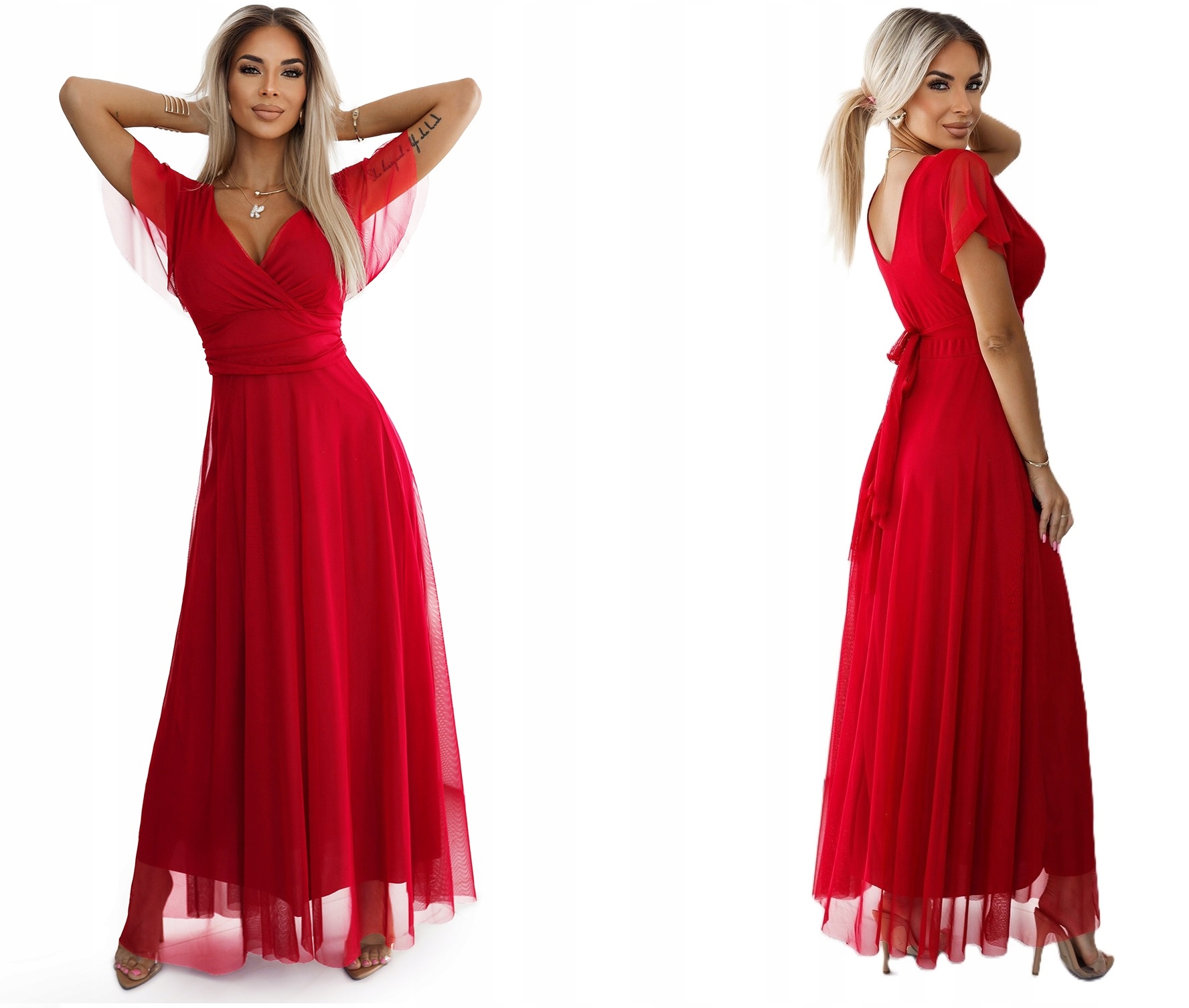 Krásná Tylová Dlouhá Šaty S Krátkým Rukávem A Zavazováním V Pase Červená