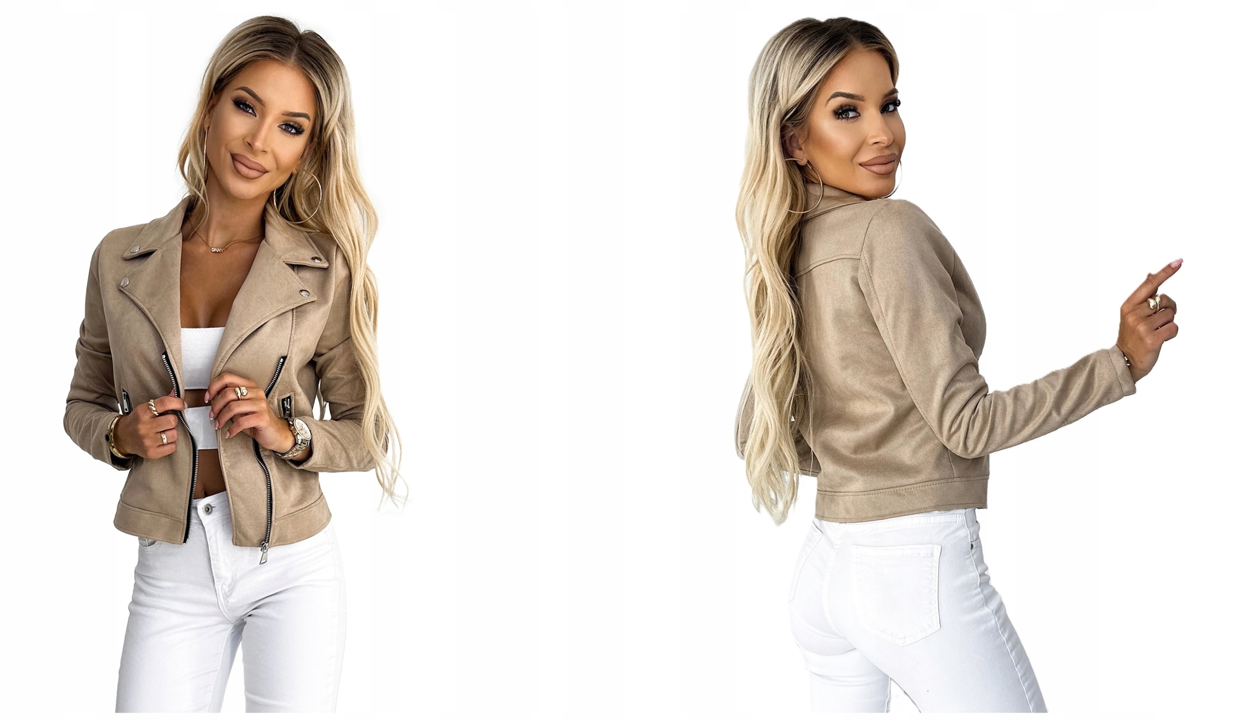 Semišová Přiléhavá Ramoneska S Límcem A Zapínáním Na Zip, Béžová XL