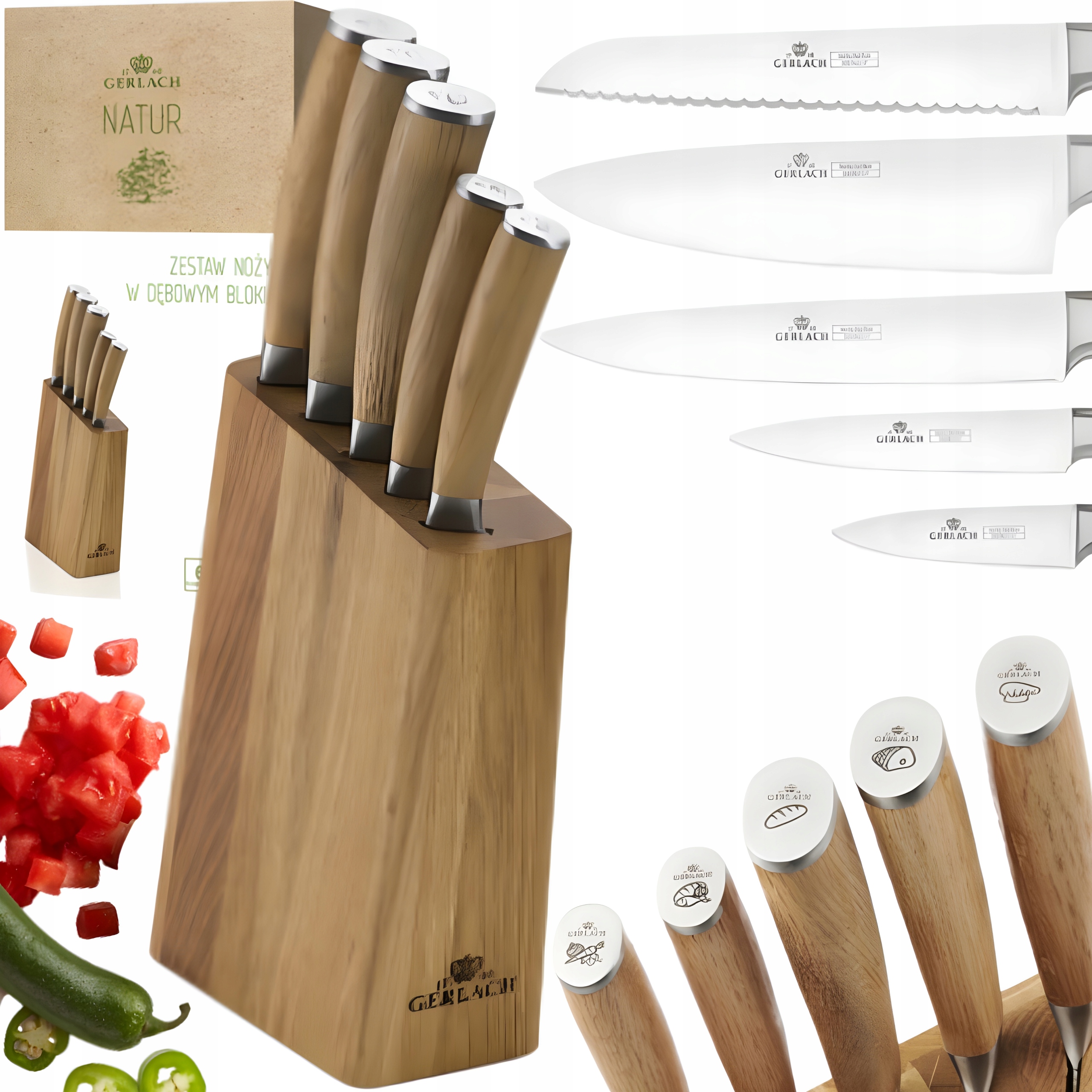 Gerlach Komplet 5 Ostrych Noży Stalowych Szefa W Bloku Drewnianym Natur-Zdjęcie-0