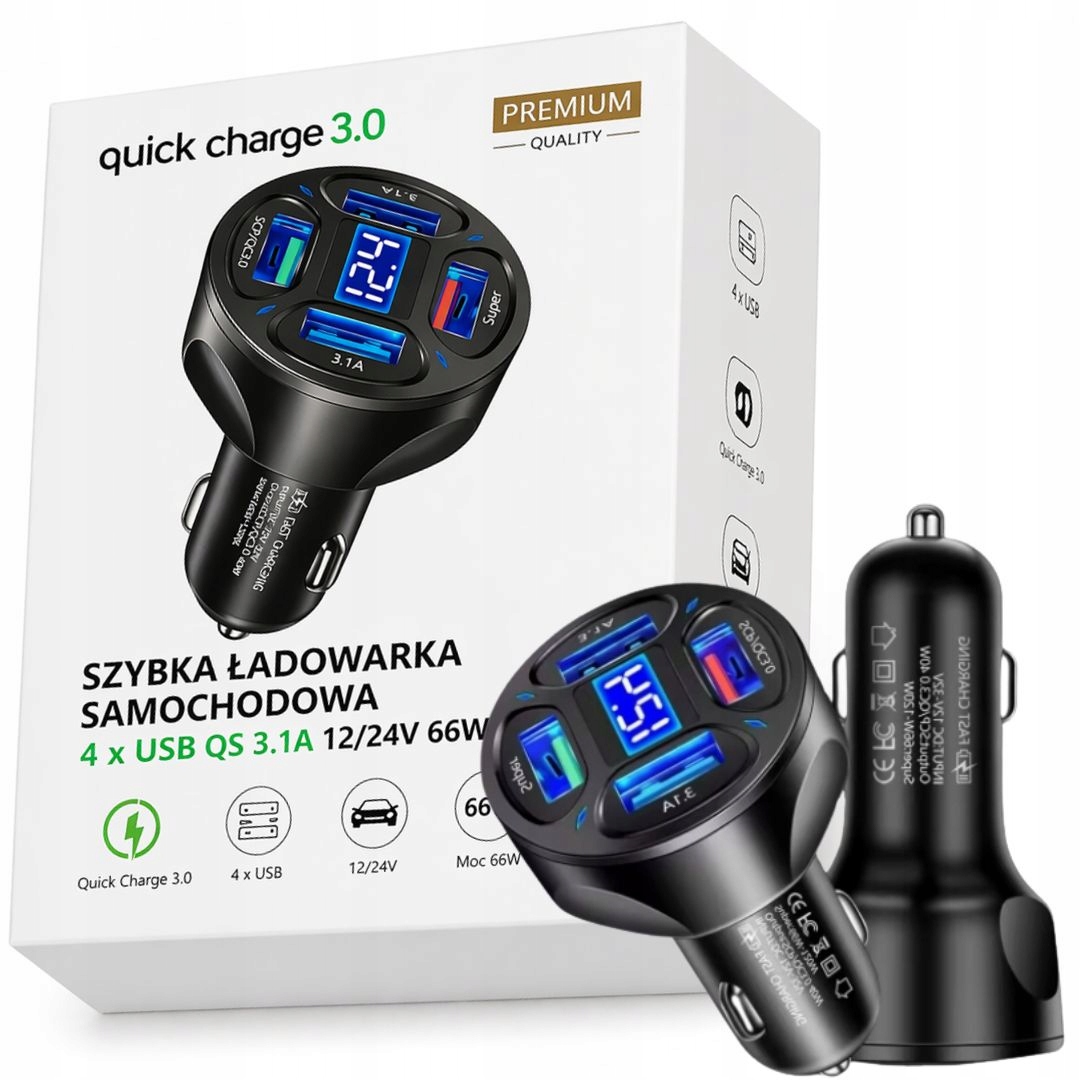 SZYBKA ŁADOWARKA SAMOCHODOWA QS 3.1A 12/24V 66W WYŚWIETLACZ NAPIĘCIA USB 4x