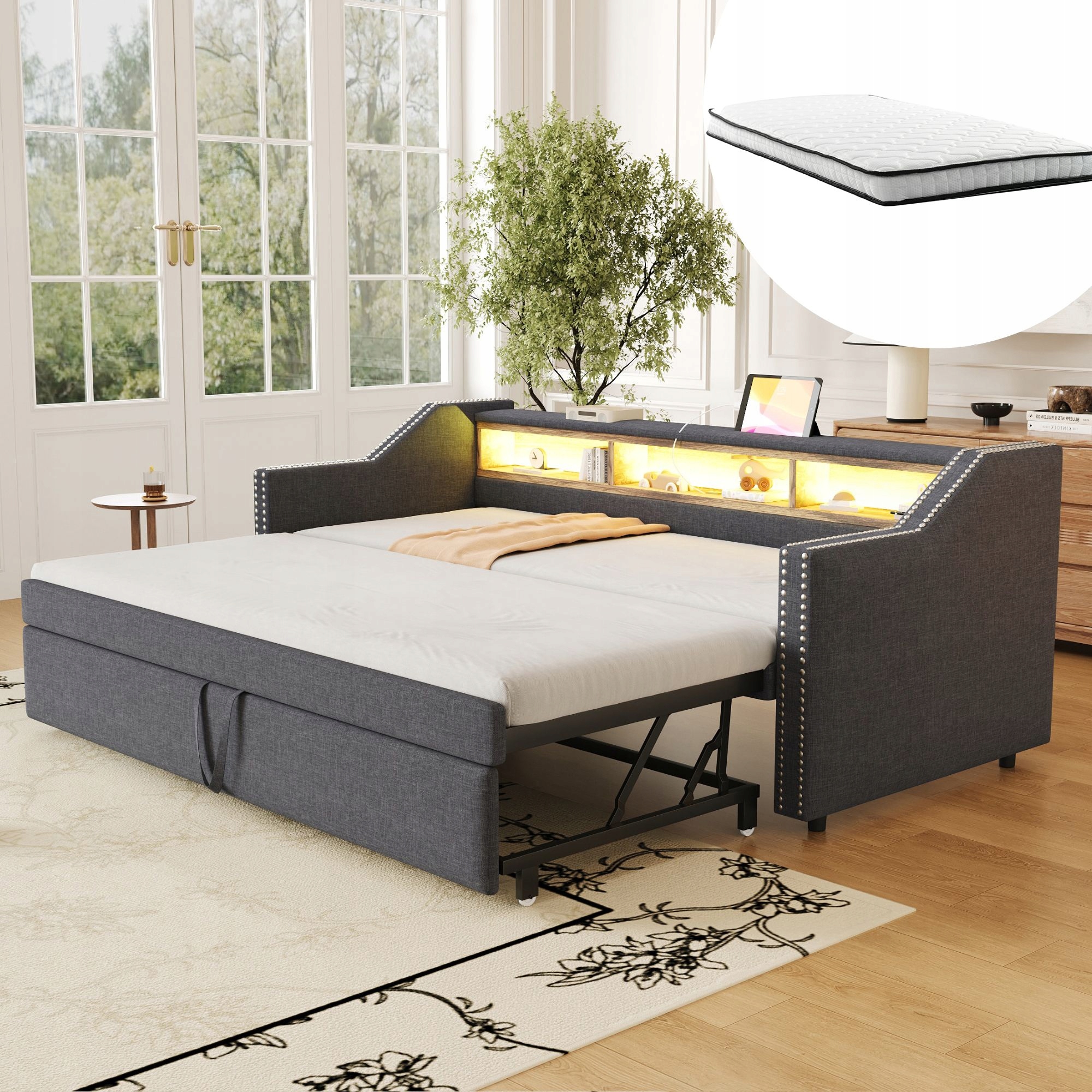 Čalouněná postel Pohovka Rozkládací postel Výtah 90x190 cm Led/usb