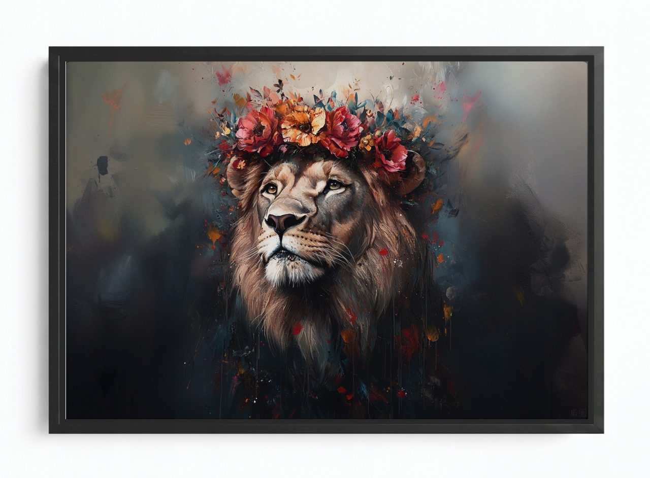 Obraz Rám Americký Box Portrét Zvířete Lev Král Věnec Květiny Boho 60x40