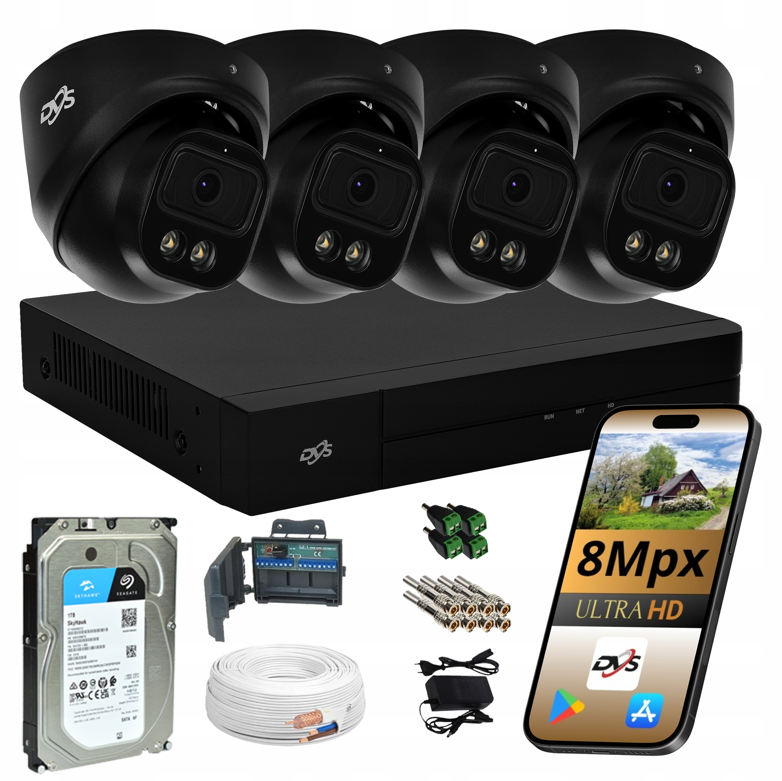 Sada Kamer Na Monitorovanie 4 Čierne Kamery 8Mpx Dvs Dual Light Led Ir 1TB