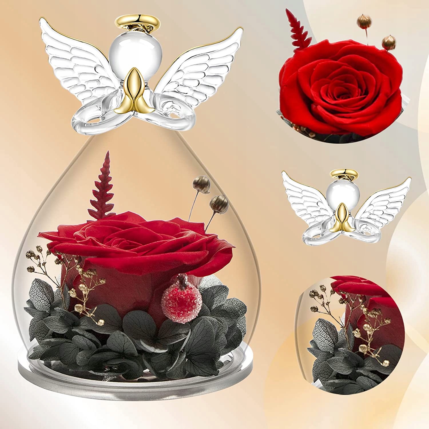 WIECZNA RÓŻA W SZKLE FIGURKA ANIOŁA CZERWONY WIECZNY KWIAT RÓŻY DLA KOBIET Kod producenta 00HG8950