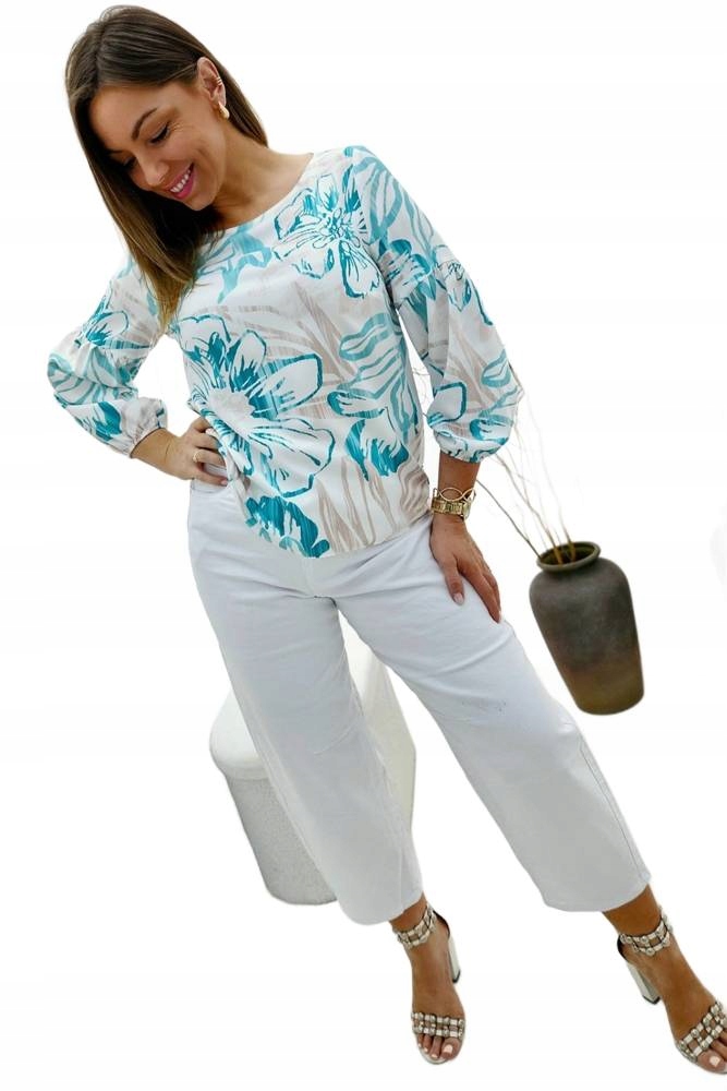 Modrá halenka s květy, tyrkysovo-bílá, velikost 38