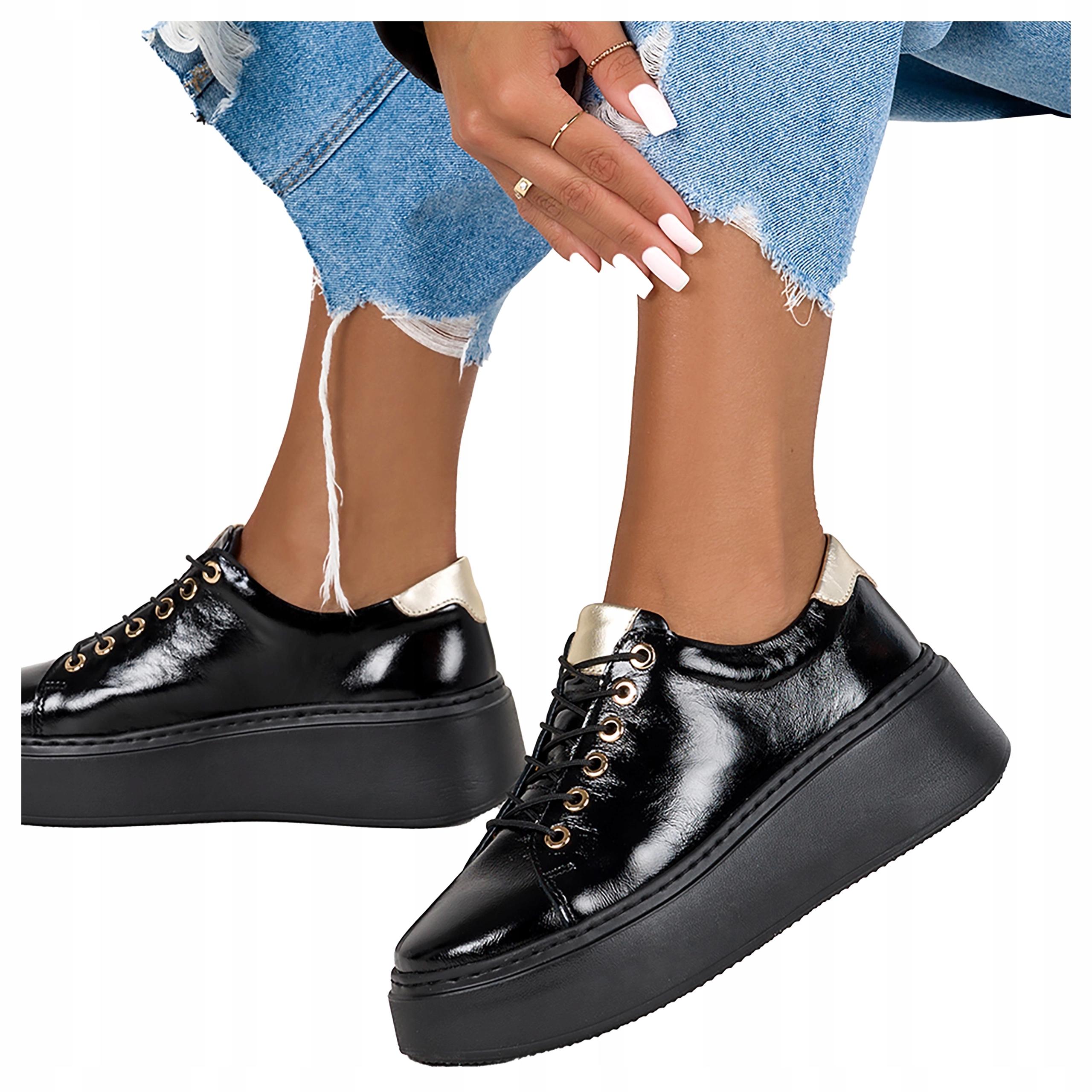 Dámské černé Kožené Sneakersy Pohodlné Lakované Šněrovací Módní velikost 40