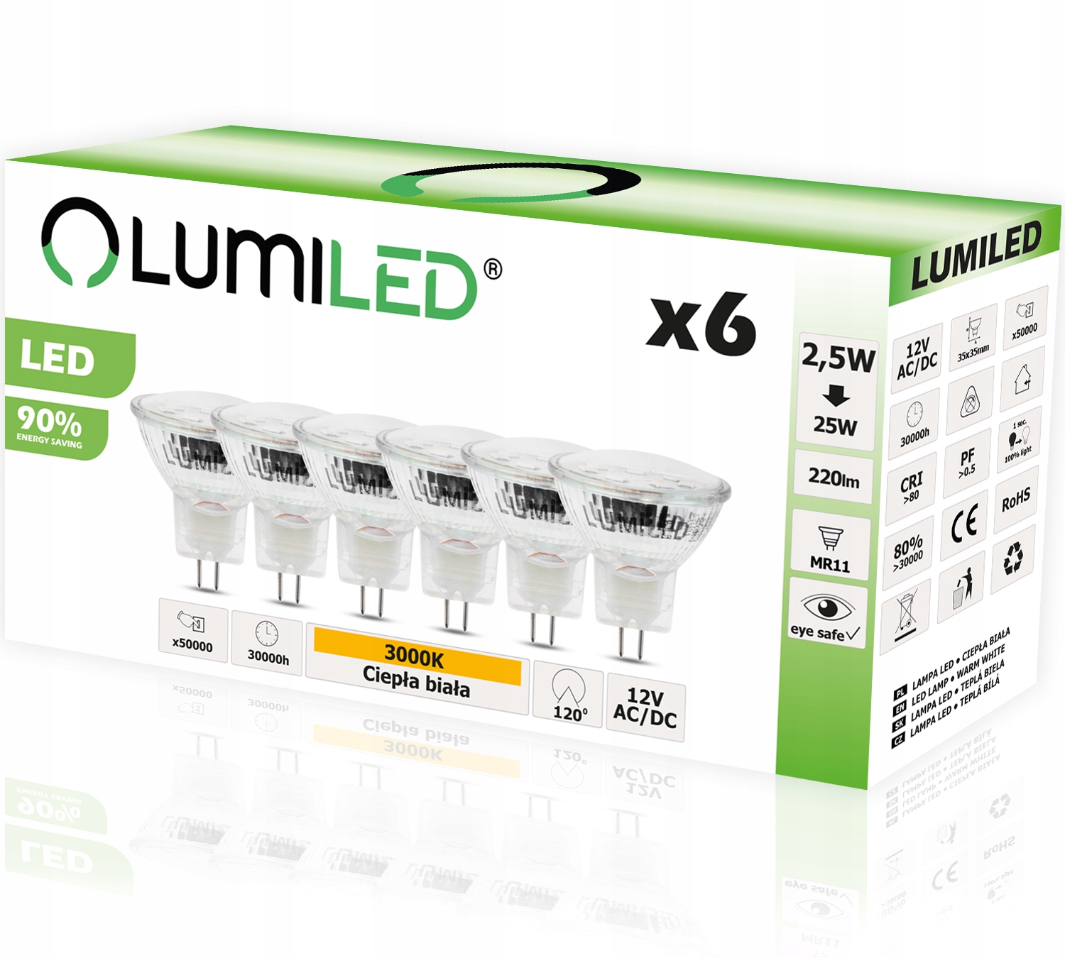 

6x Żarówka Led MR11 2,5W 25W 3000K 12V Lumiled