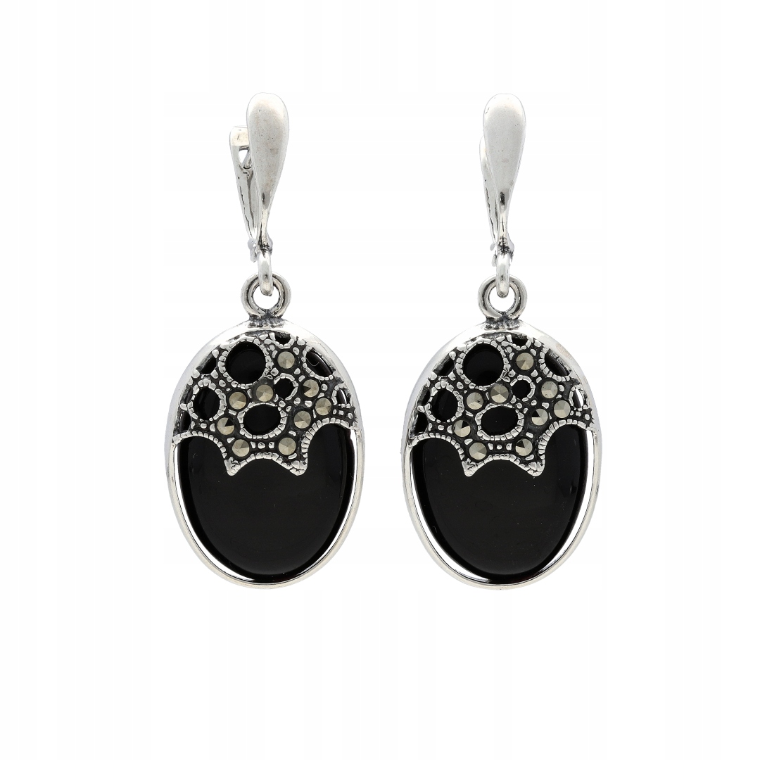 Náušnice oválné s markýzami a onyxem stříbro