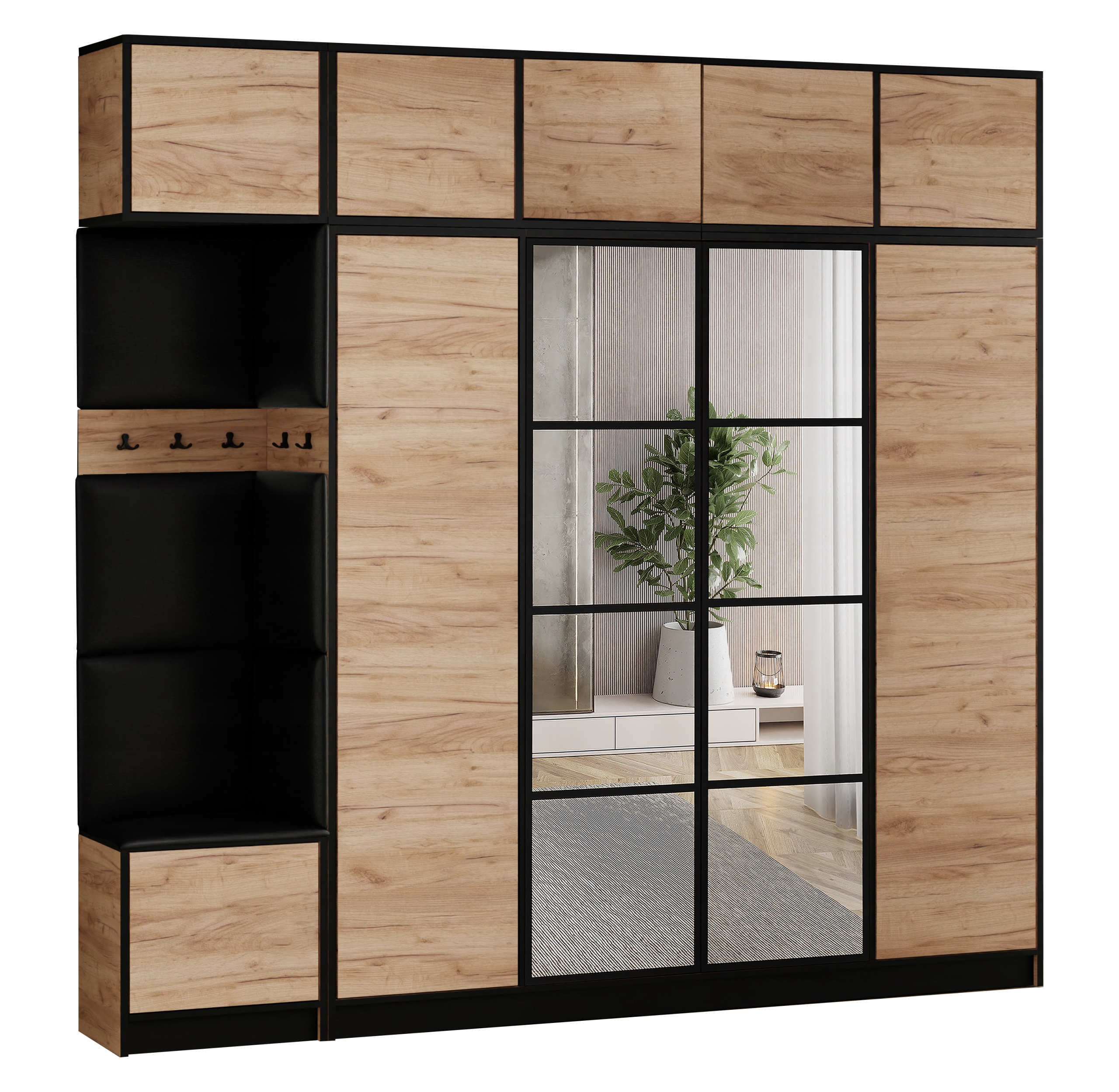 Šatní skříň Costa 15 dub craft ekokůže, černý sedák s nástavcem