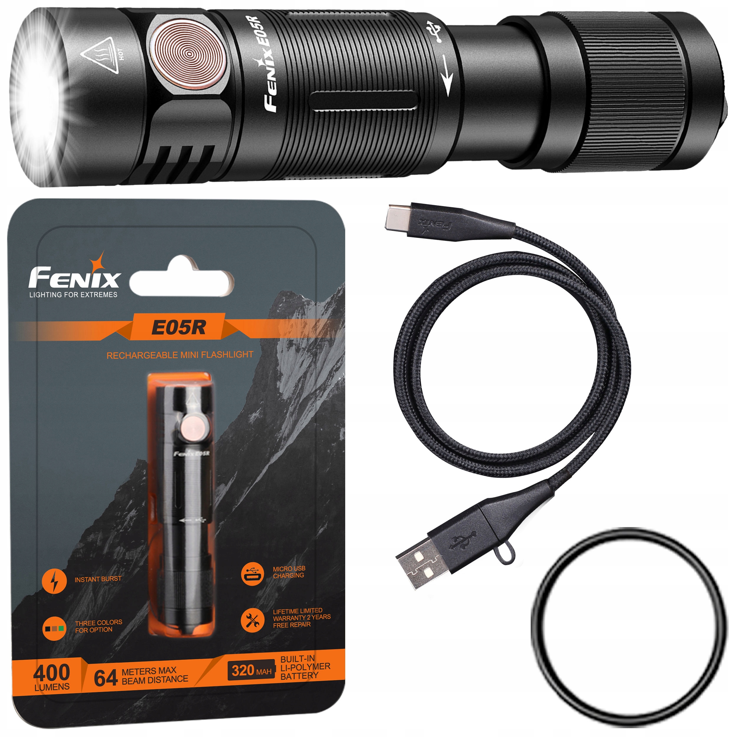 

Latarka diodowa Fenix E05R 400lm 64m micro Usb
