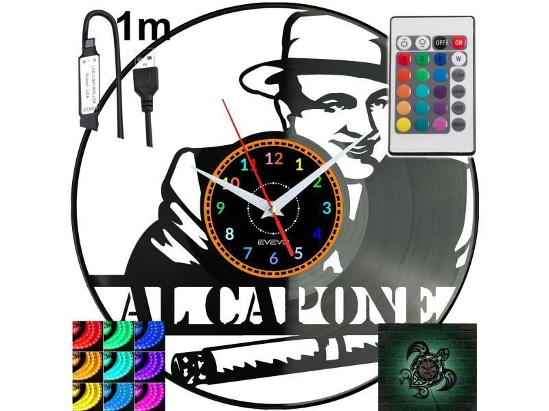 Al Capone Nástěnné hodiny podsvícené Led Rgb na dálkové ovládání Vinylová deska Nowoc