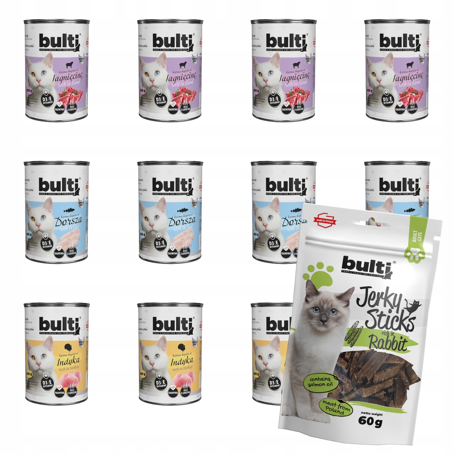 Levně Vlhké Krmivo Bulti MIX 400g 4x Krůta 4x Příčesek 4x Jehněčí Jerky Králík