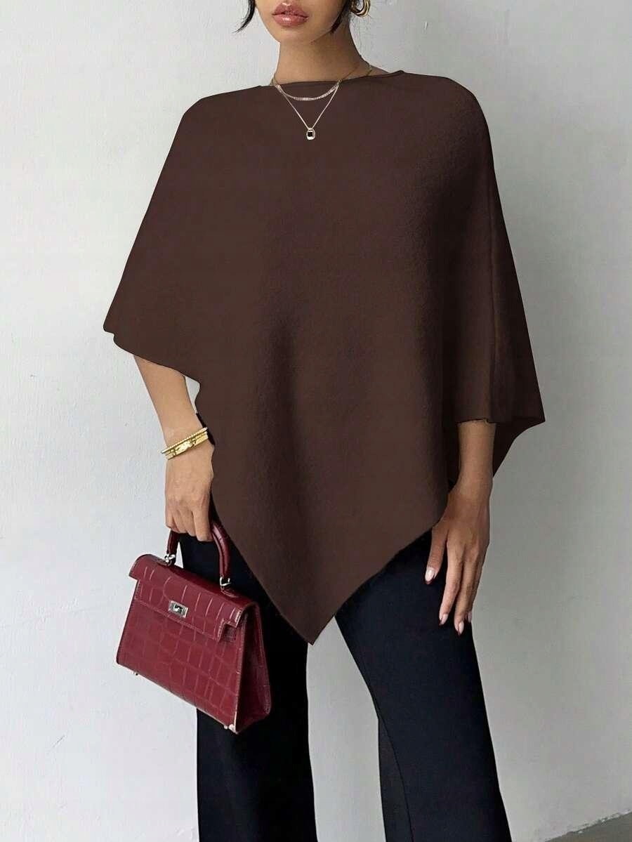 SHEIN ASYMETRYCZNY BRĄZOWY SWETER NARZUTKA PONCZO 5BJ S06__M