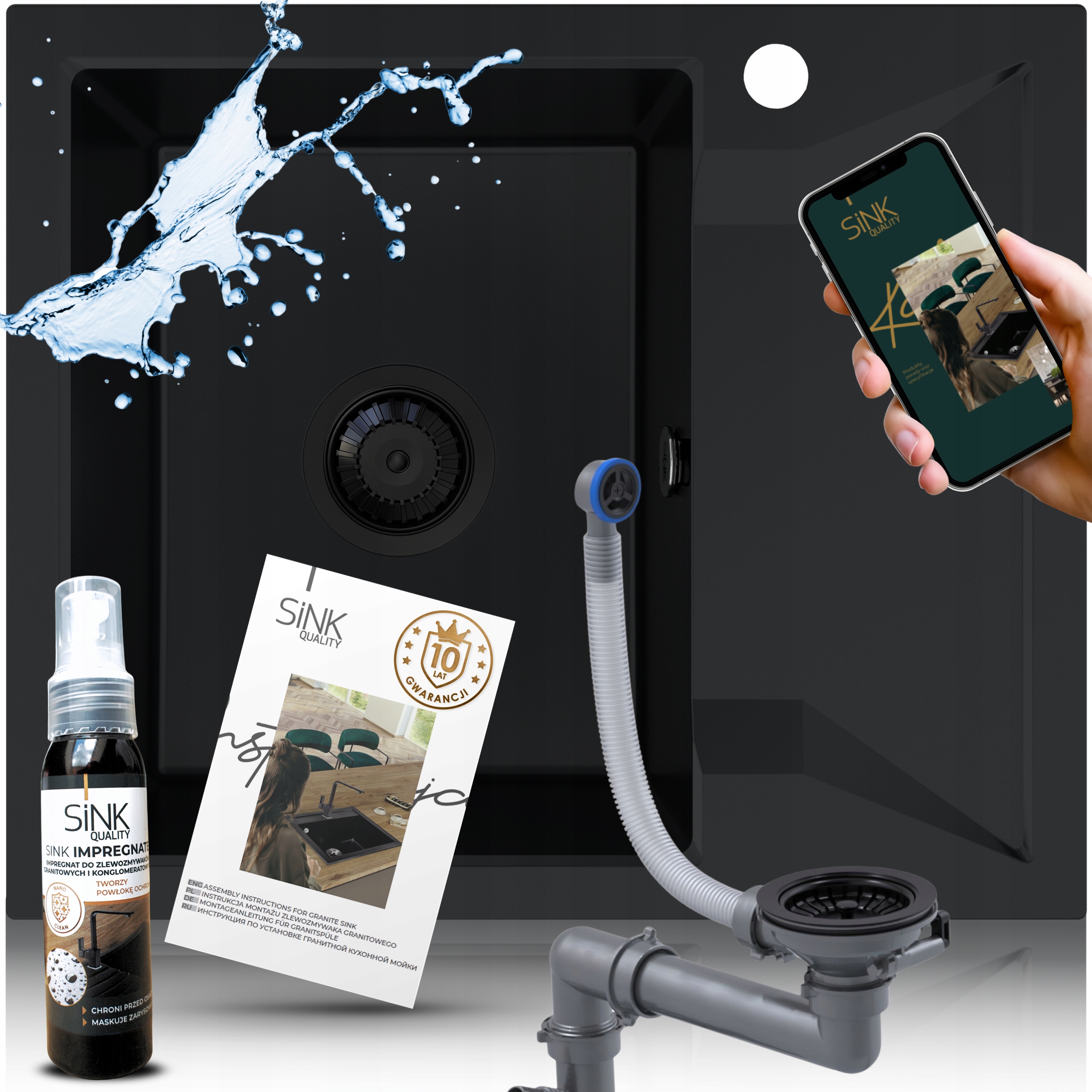 Granitový Jednokomorový Kuchynský Drez S Odkvapkávačom Čierny Sifón 7v1