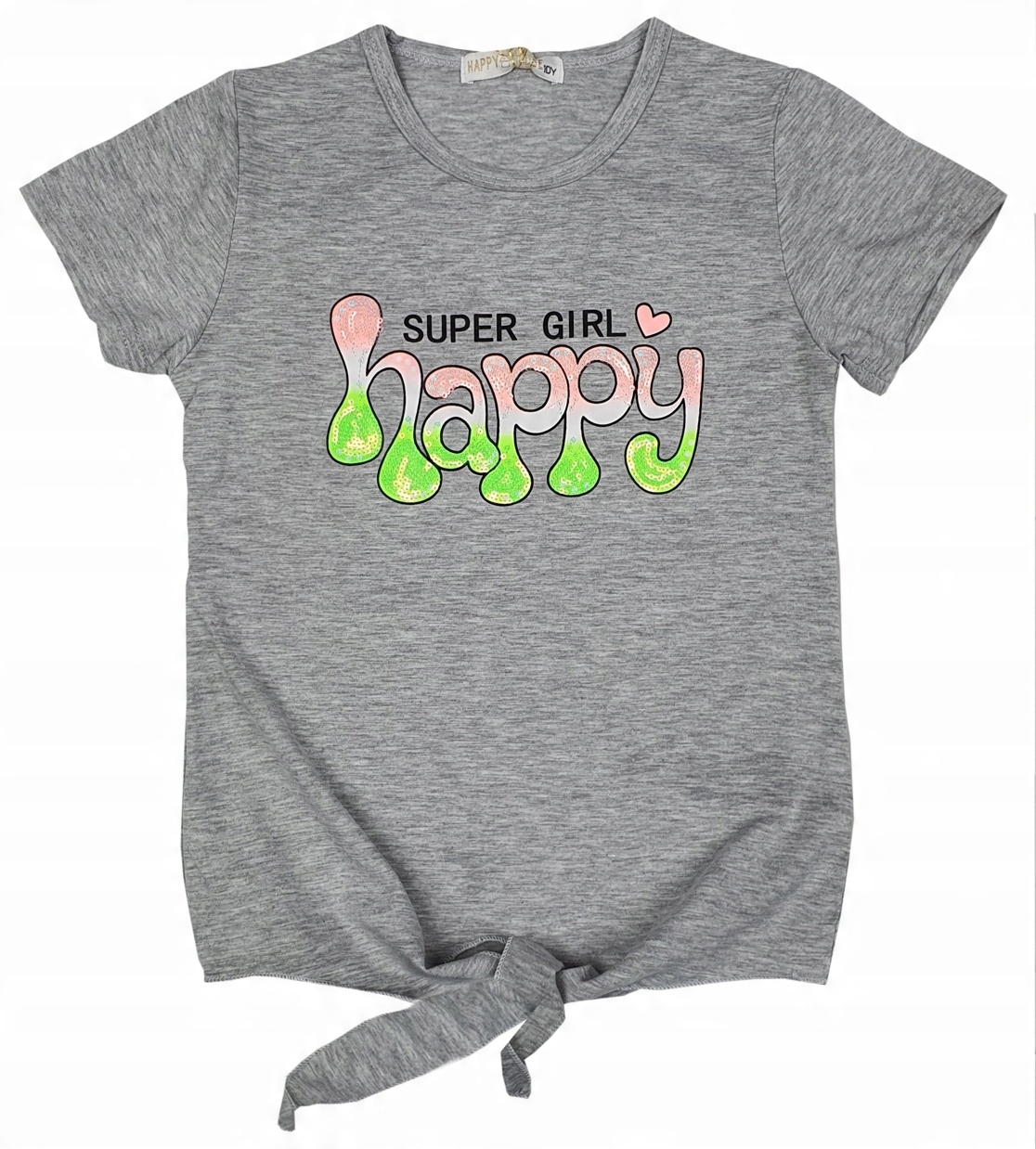 

Bluzka nadruk Napis cekiny Happy szara 146 CK09