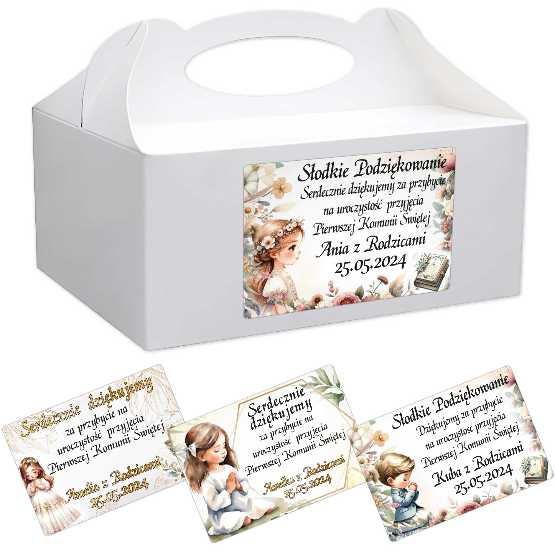 Naklejki na pudełko komunijne komunia ciasto tort 20szt. PERSONALIZACJA