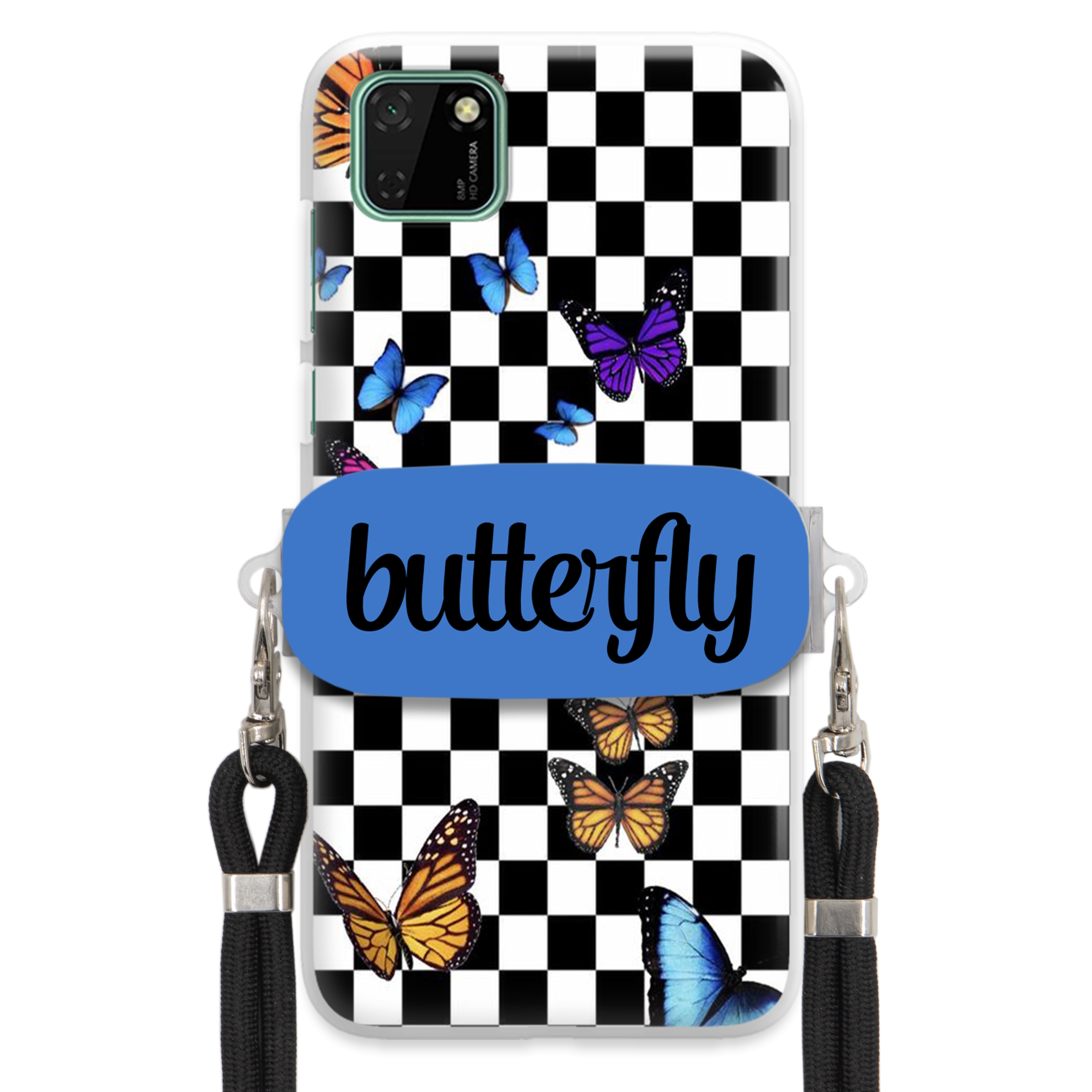 Puzdro Na Huawei Y5P Case, Obdĺžnikový Držiak, Čierne Vodítko, Butterfly, Motýle