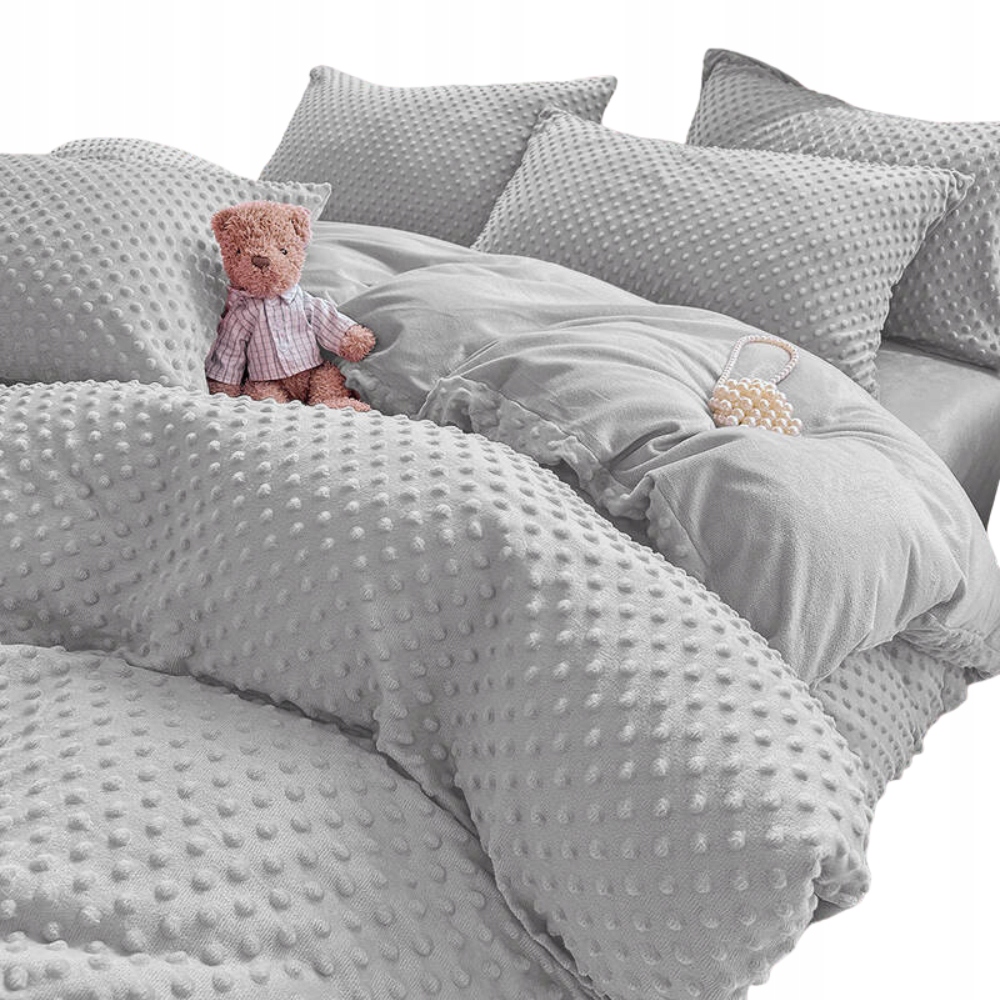 Pościel 160x200 pluszowa polarowa Minky miś kropki 3D zimowa ciepła szara