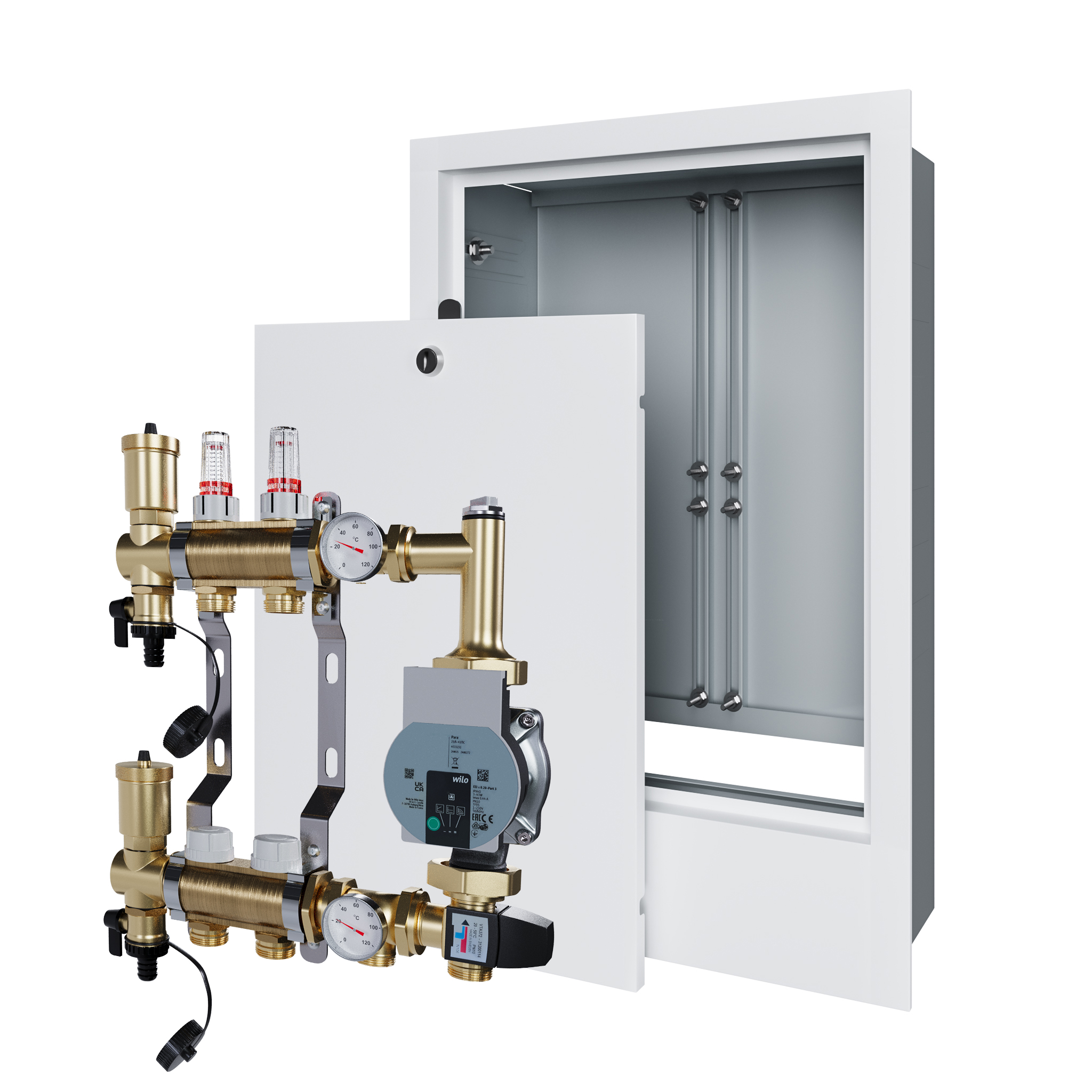 Rozdělovač pro podlahovku 2 s čerpací skupinou Wilo a podomítkovou schránkou