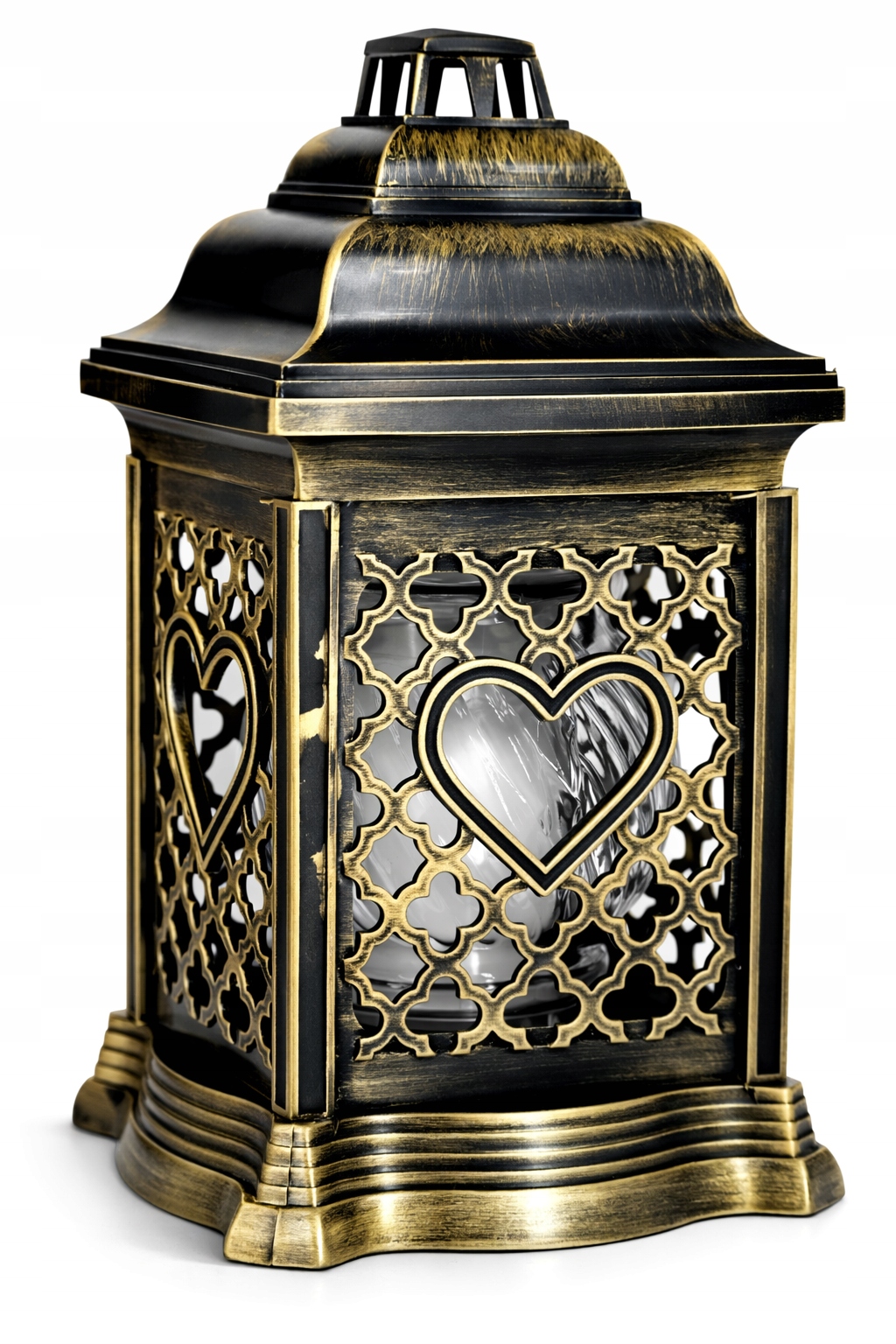Znicz szklany ozdobny premium czarno-złoty, tradycyjny SERCE wys. 26 cm
