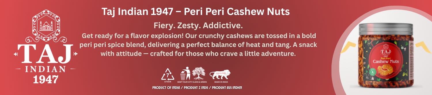 TAJ INDIAN 1947 PERI PERI CASHEW NUTS 200G TAJ INDIAN 1947 Brand