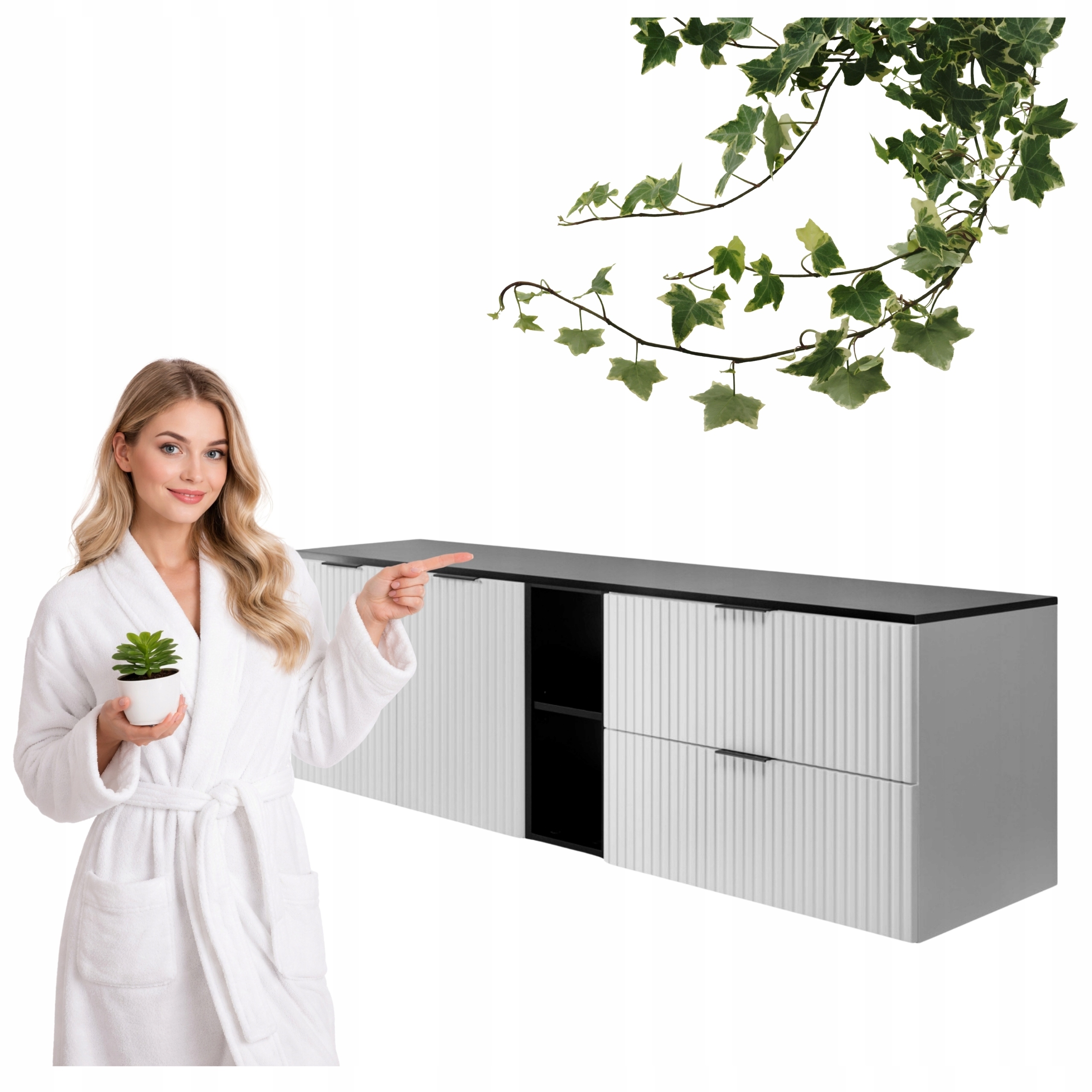 Szafka Łazienkowa Wisząca Dwudrzwiowa Biała Blat Regał Czarny 160x46 Flisan
