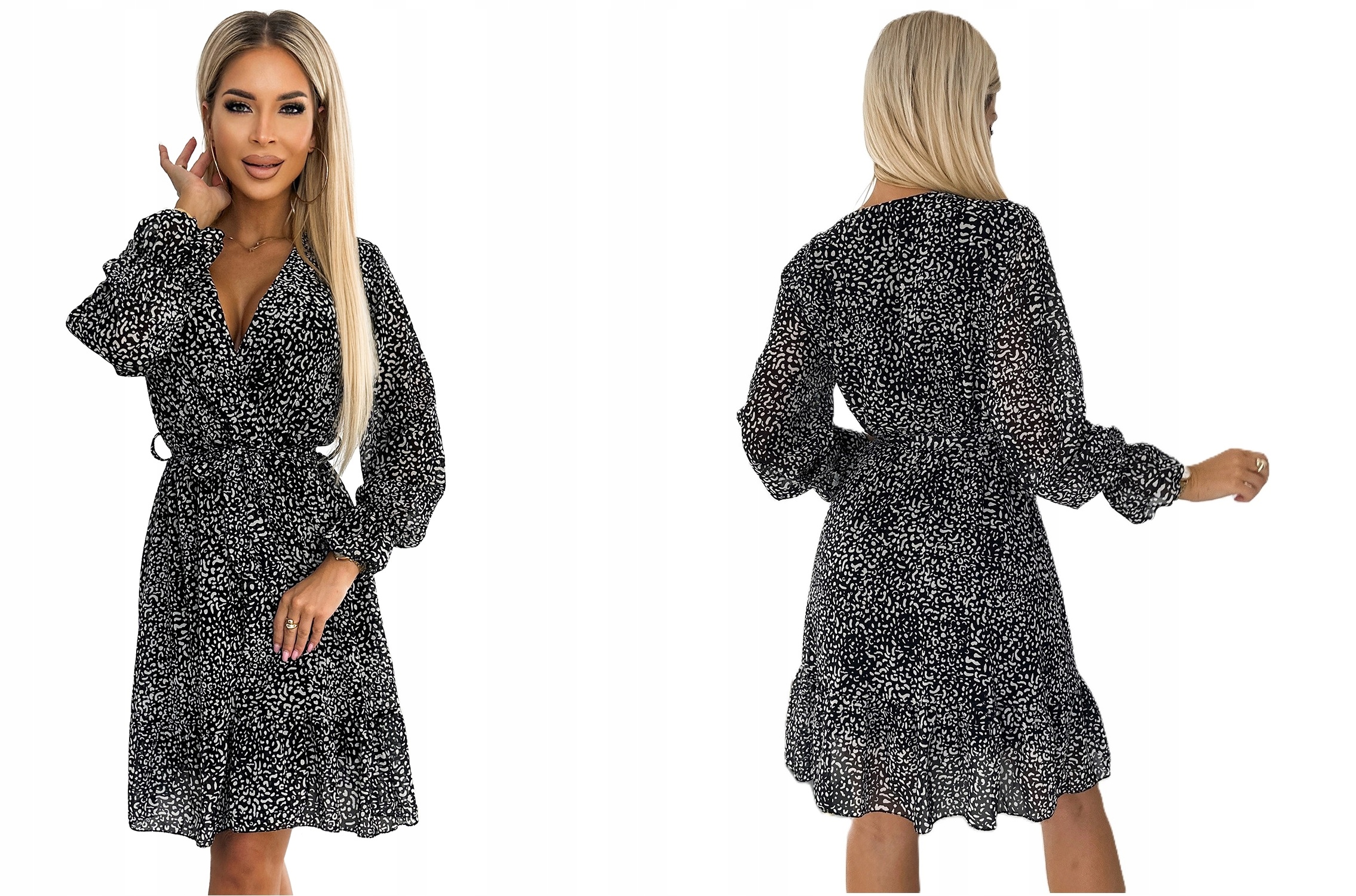 Šifonové Černobílé Zavazovací Šaty S Hlubokým Výstřihem A Volánky