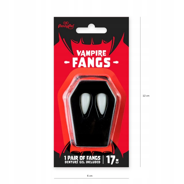 KŁY WAMPIRA DŁUGIE 17MM HALLOWEEN Z KLEJEM WAMPIR DRAKULA CHARAKTERYZACJA Marka PartyPal