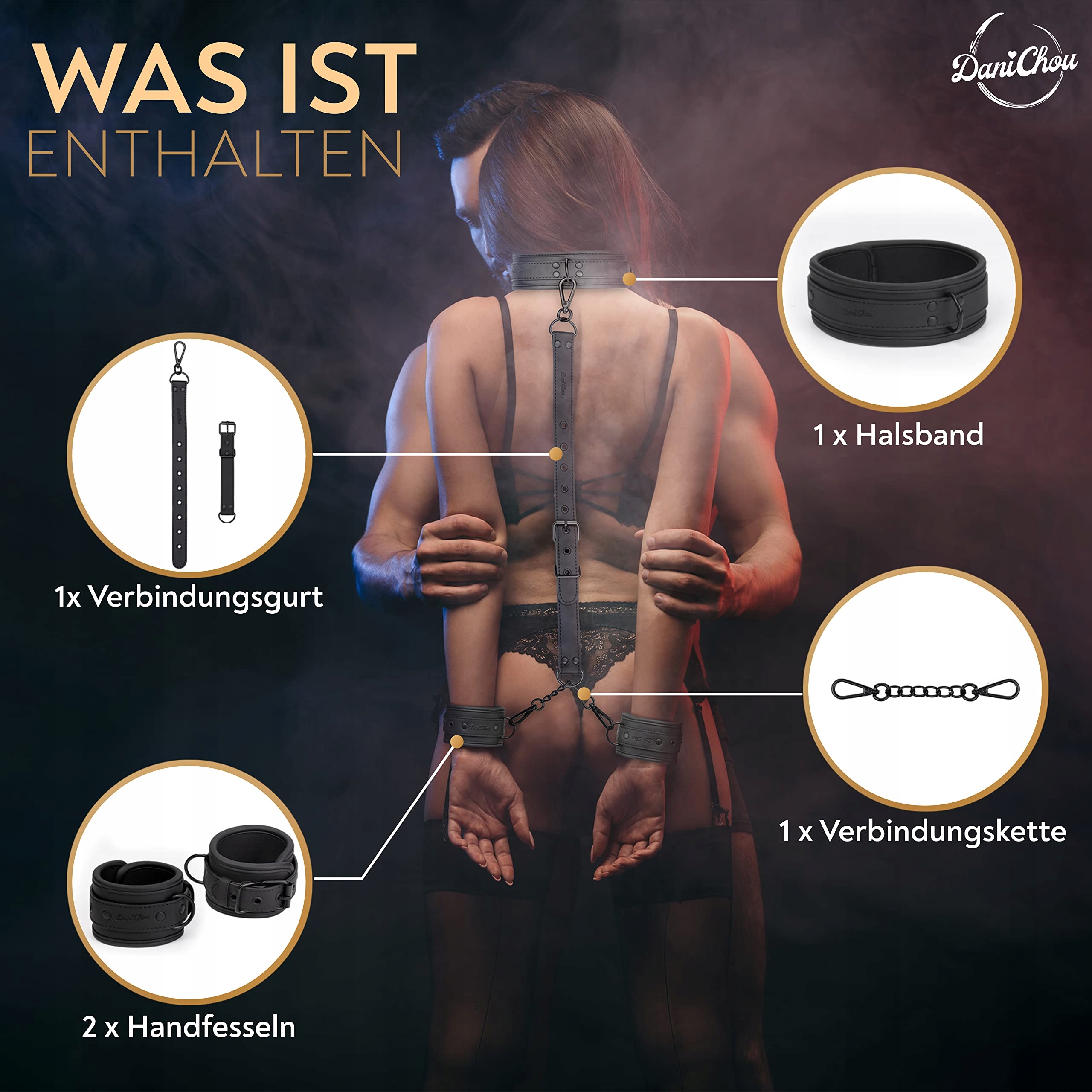 DANICHOU Zestaw Bondage 3w1: Obroża, Kajdanki, Łańcuch — miniatura 5