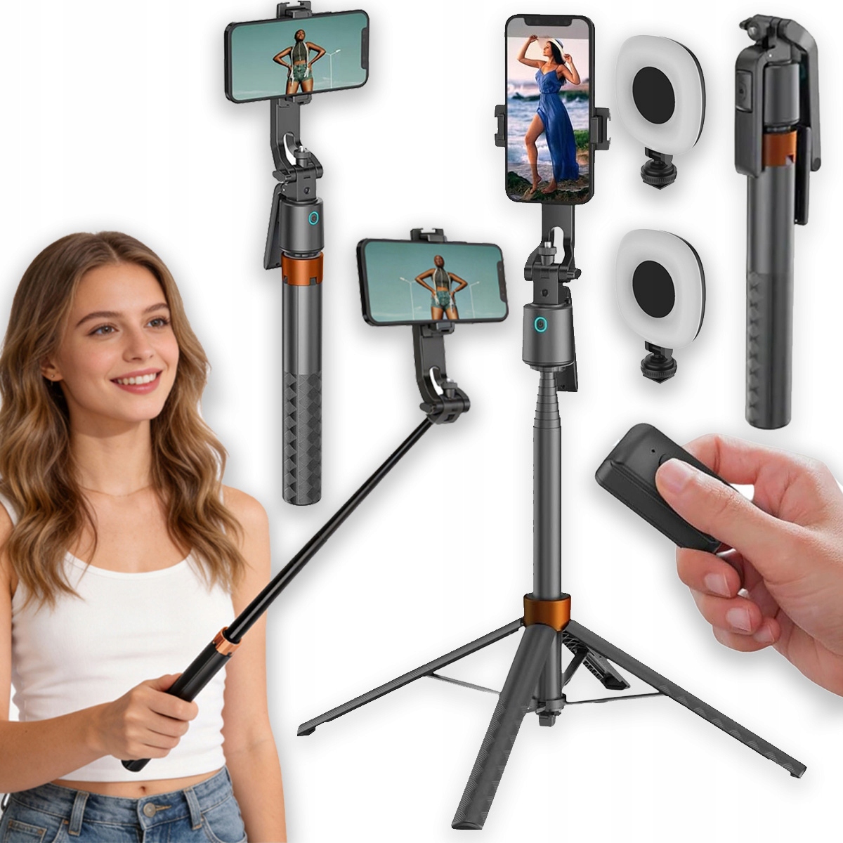 Selfie Tyč Pro Telefon Gopro Stativ Držák Tripod Dálkové OVLÁDÁNÍ+2X Led Lampa