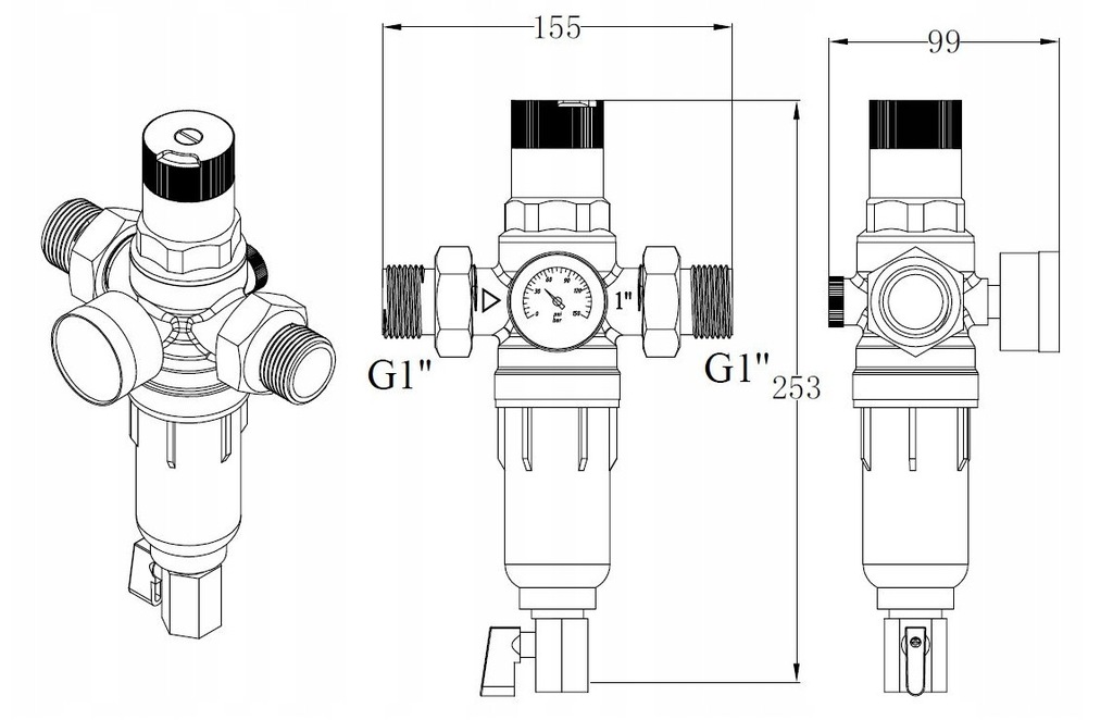 REDUKTOR CIŚNIENIA WODY 1 CAL Z FILTREM DŁUGI Model DN25