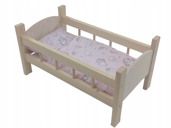ŁÓŻECZKO DREWNIANE DUŻE dla lalek POŚCIEL 3 elementy