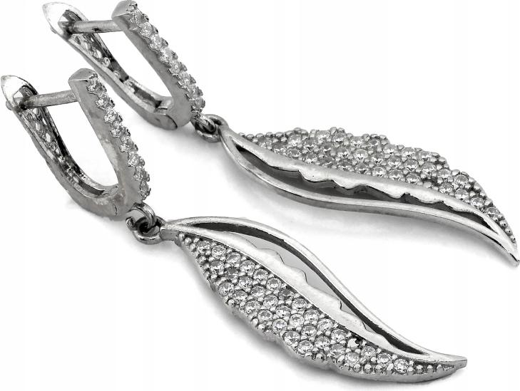Závěsné stříbrné náušnice 925 dlouhé se zirkony, motiv lístků, světlý kámen