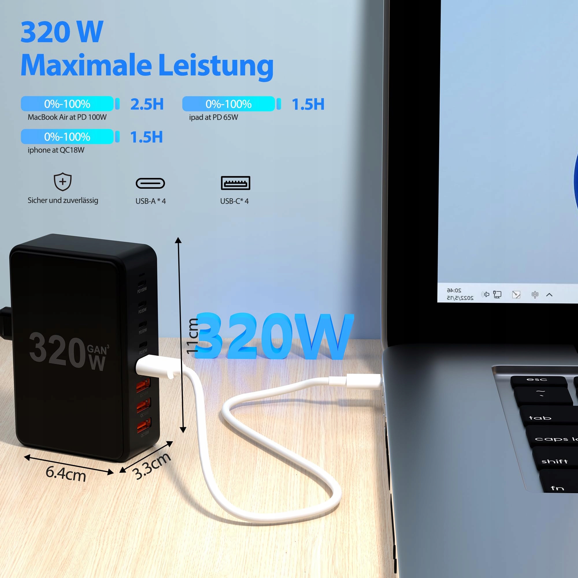 USB C BOTEWO 320W 8-Port Ładowarka USB-C USB-A Do Laptop iPhone iPad — miniatura 2