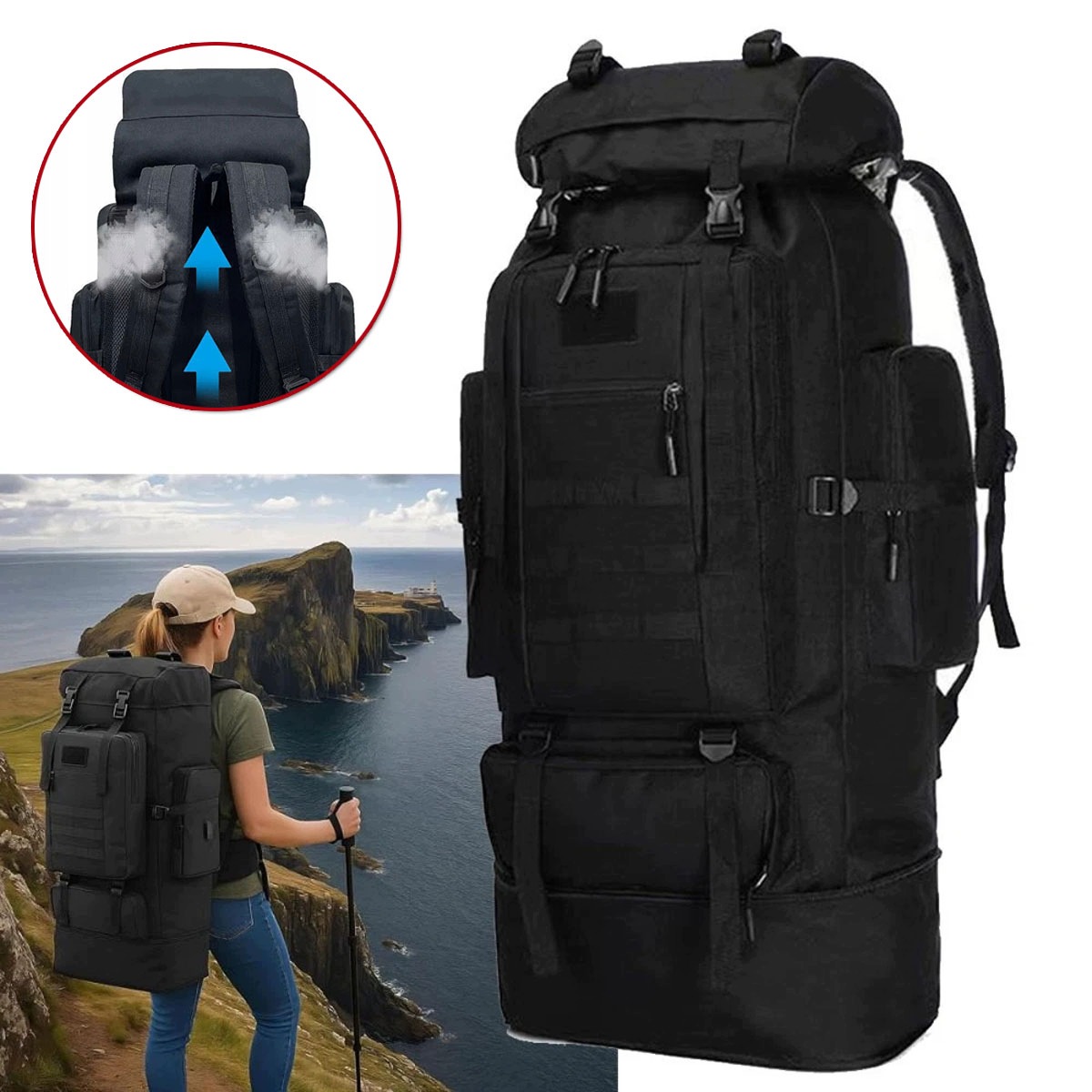 Plecak Turystyczny Trekkingowy 100L Górski W Góry Męski Damski Czarny XXL