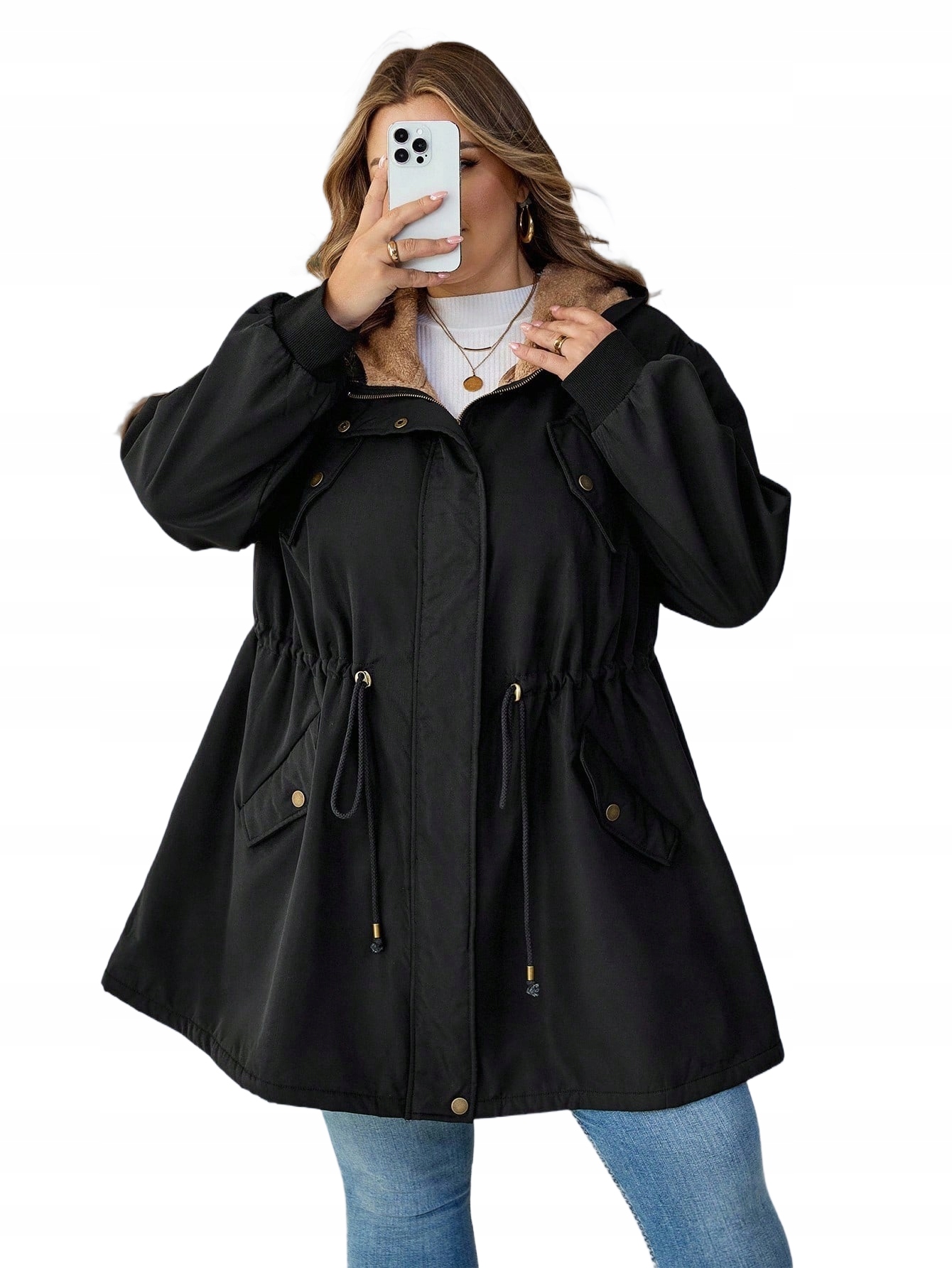 Shein Černá Parka Plus Size S Hřejivou Polštářkou 56 1LA