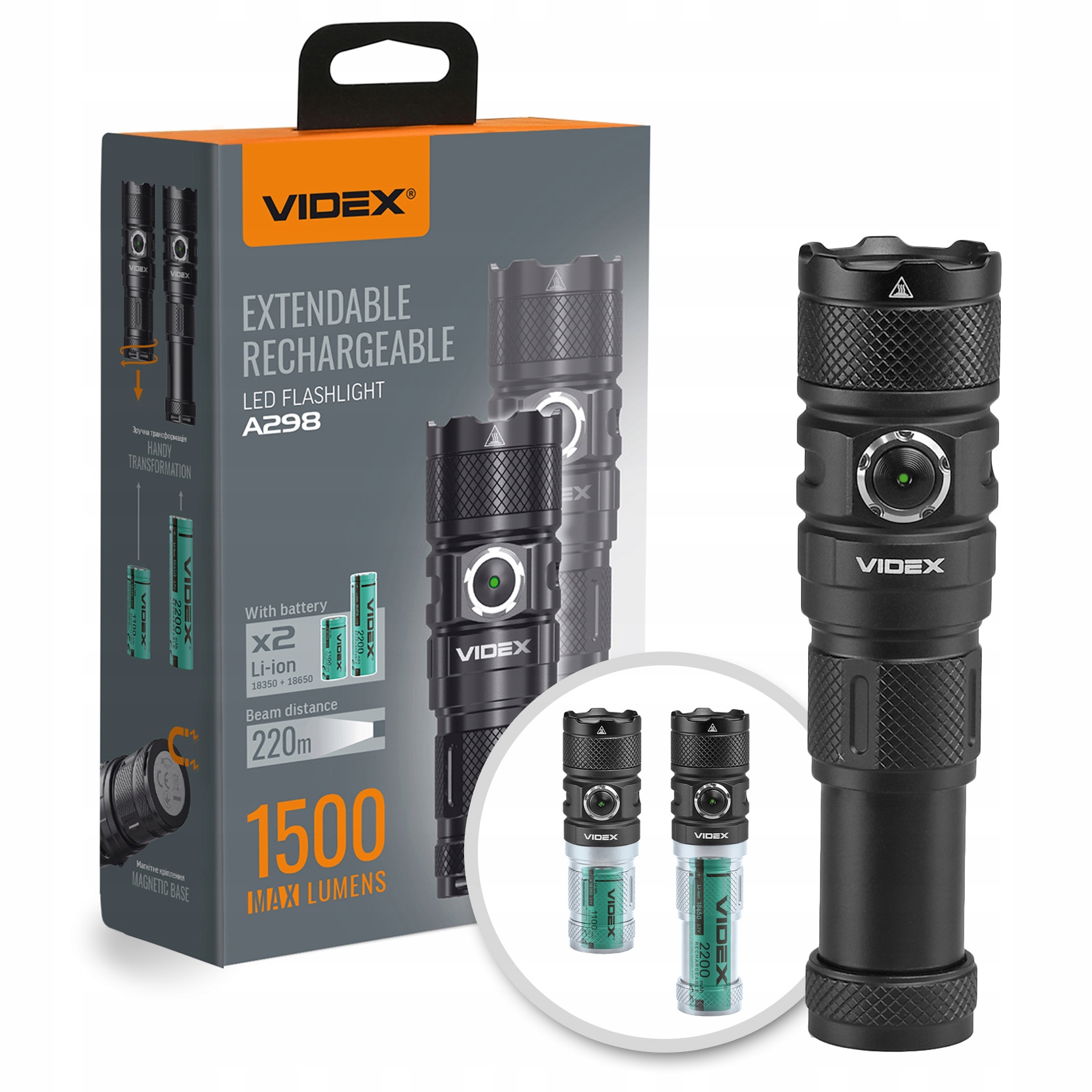 Latarka taktyczna 2w1 ręczna Led 10W Videx Wodoodporna 1500lm IP66 Usb-c