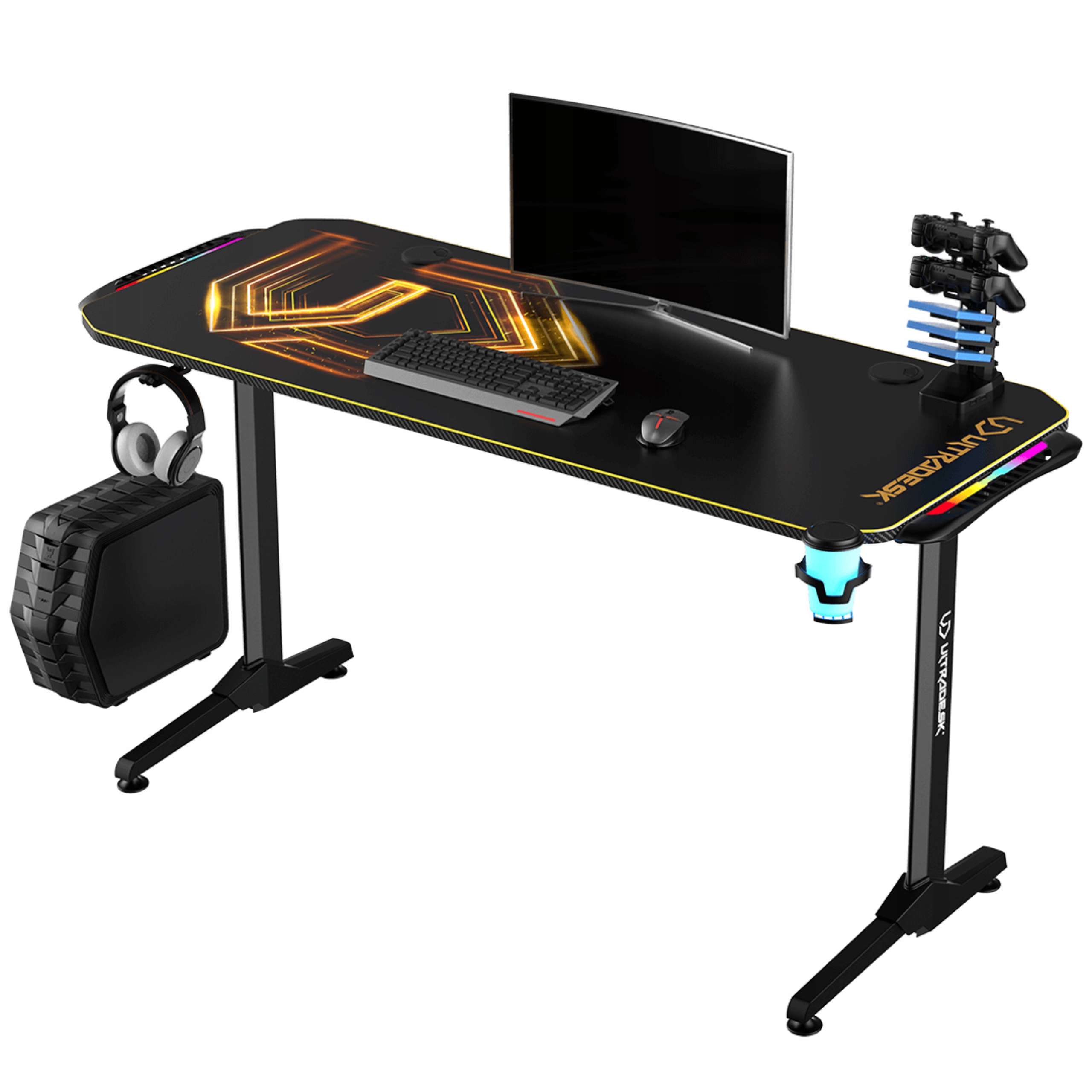 BIURKO KOMPUTEROWE GAMINGOWE 150x60cm ULTRADESK FRAG Gold LED RGB Podkładka Kolor czarny