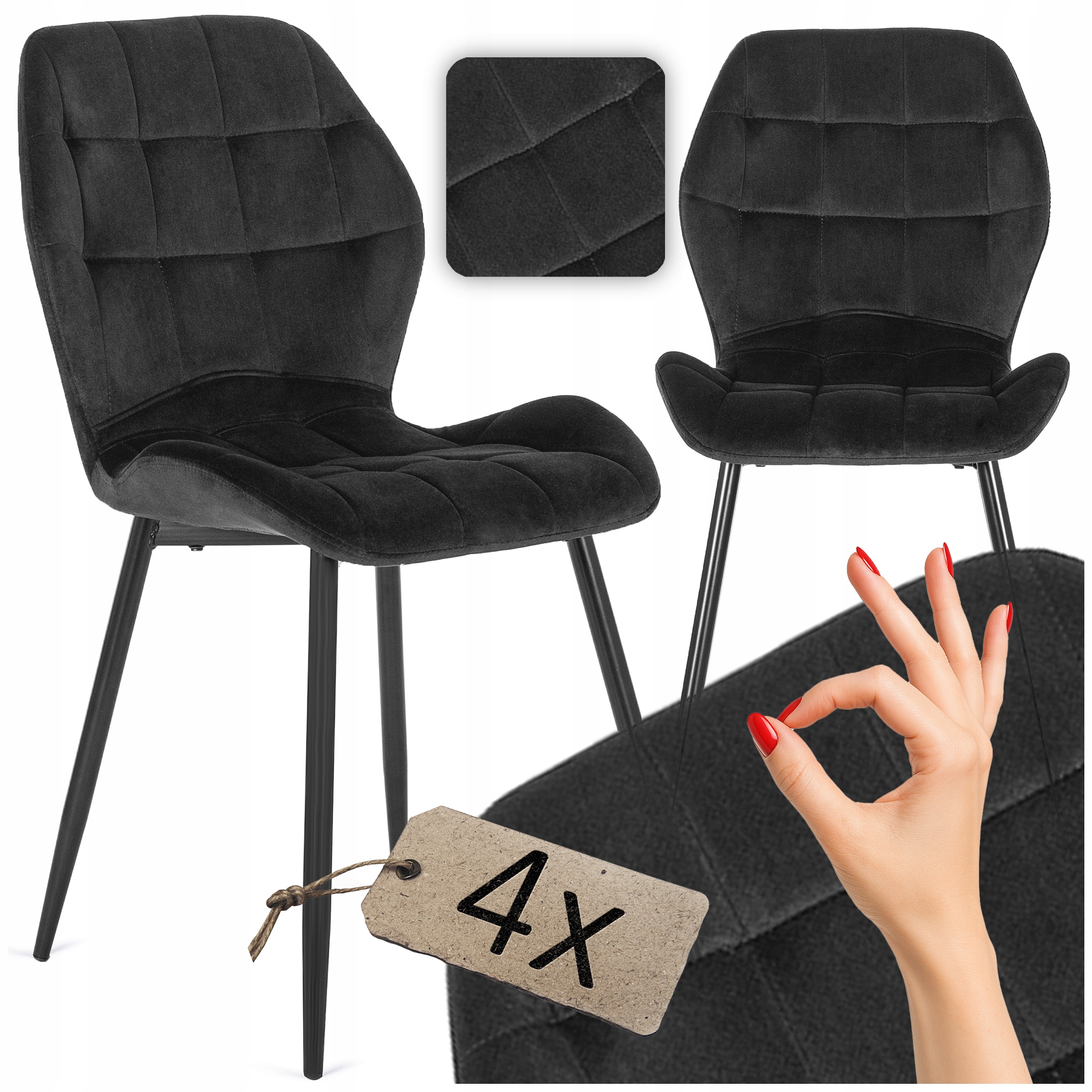 Krzesło Loft Czarne Welurowe Tapicerowane Pikowane Lucky 4x