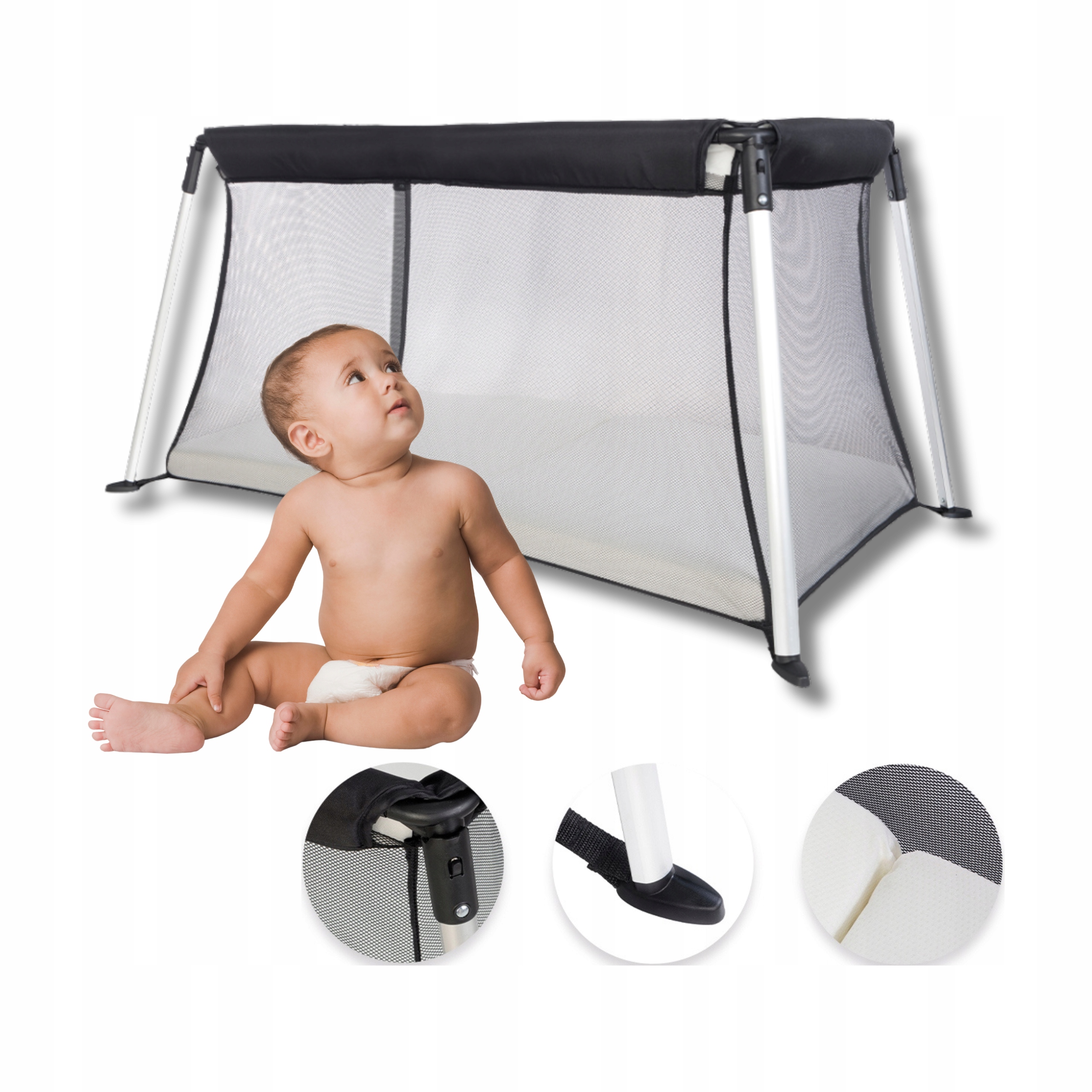 Lehká cestovní postýlka Luna Bambini, černá, skládací, s matrací