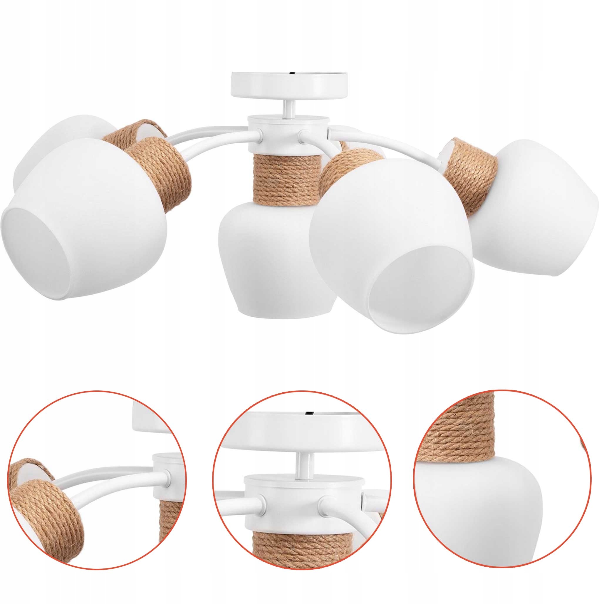 Sklenená stropná lampa Biela Mliečna Boho 60 cm Jutová šnúra 6xE27