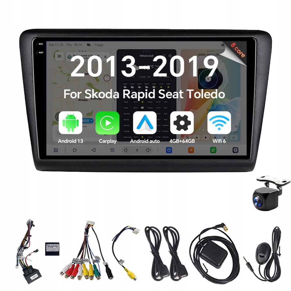 2Din Android Autorádio pro Škoda Rapid Seat Toledo 2013-2019 s CarPlay, 4G, 64GB