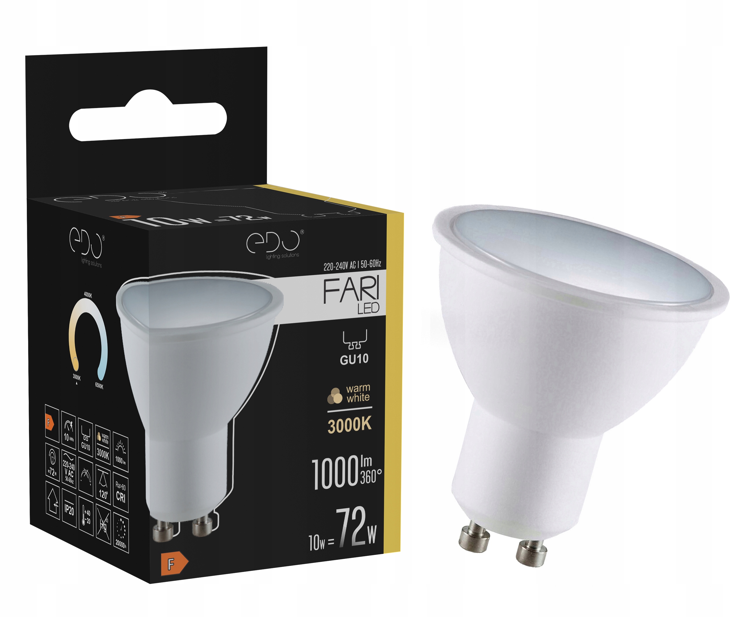 

Żarówka Led GU10 10W 3000K ciepła 120' 1000lm Edo